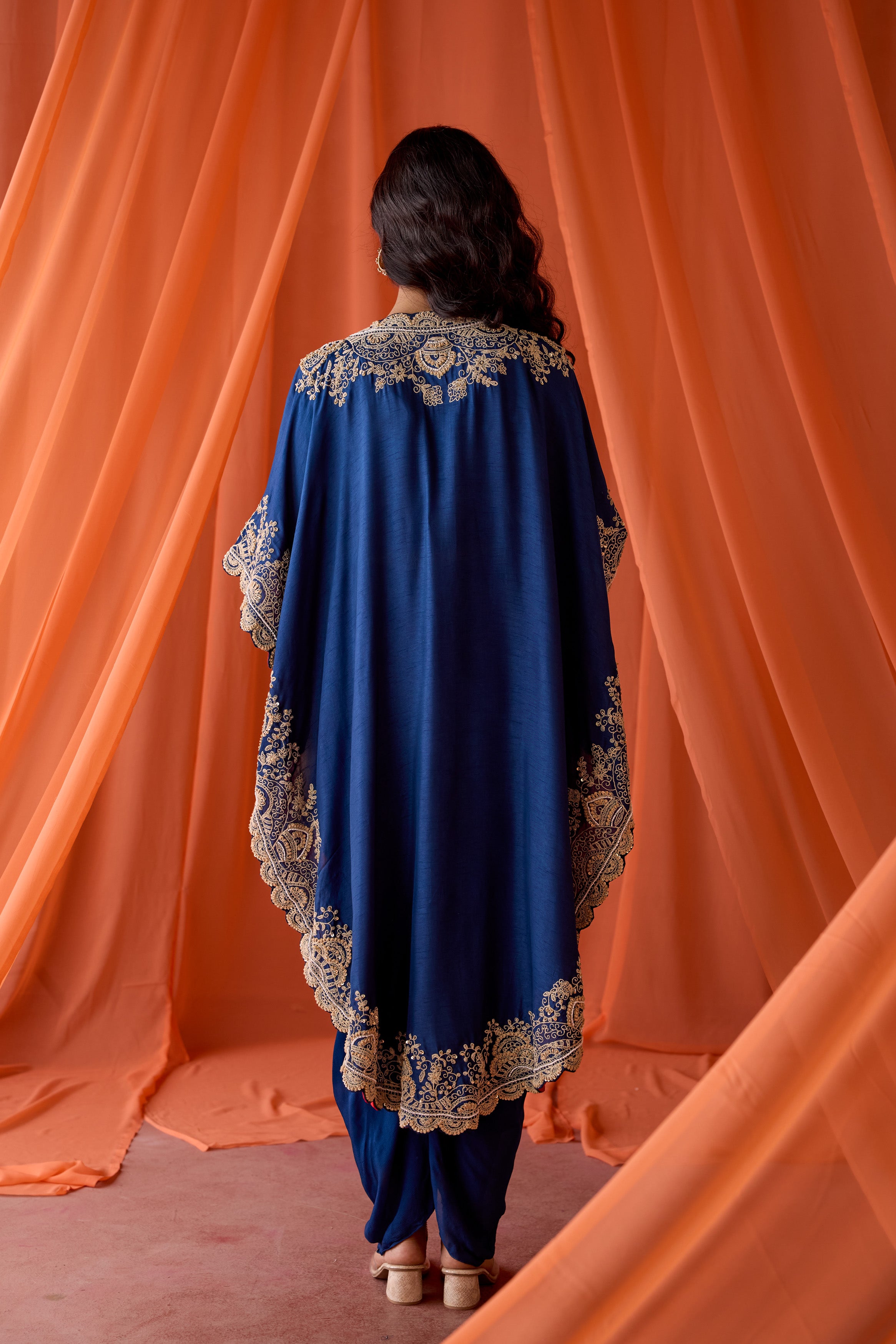 Blue Embellished Raw Silk Cape Set