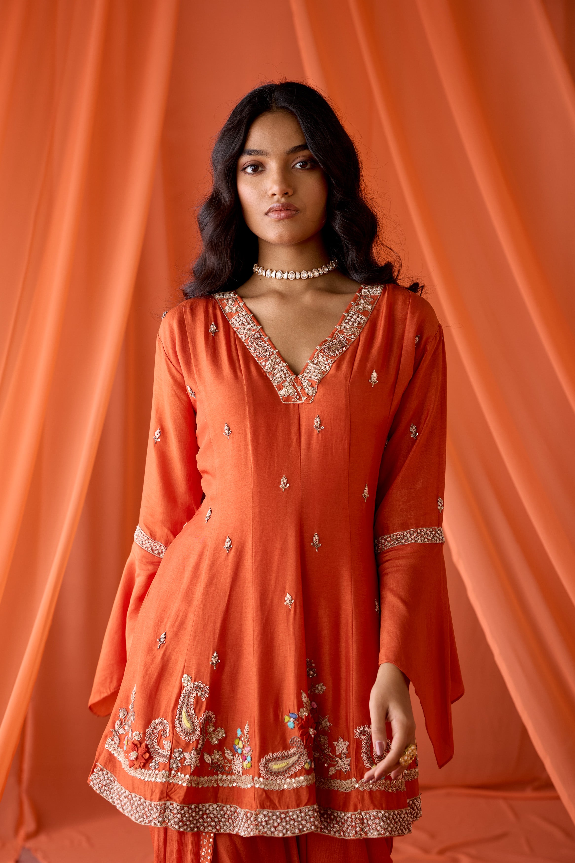 Dusky Orange Embellished Chinon Silk Dhoti Set