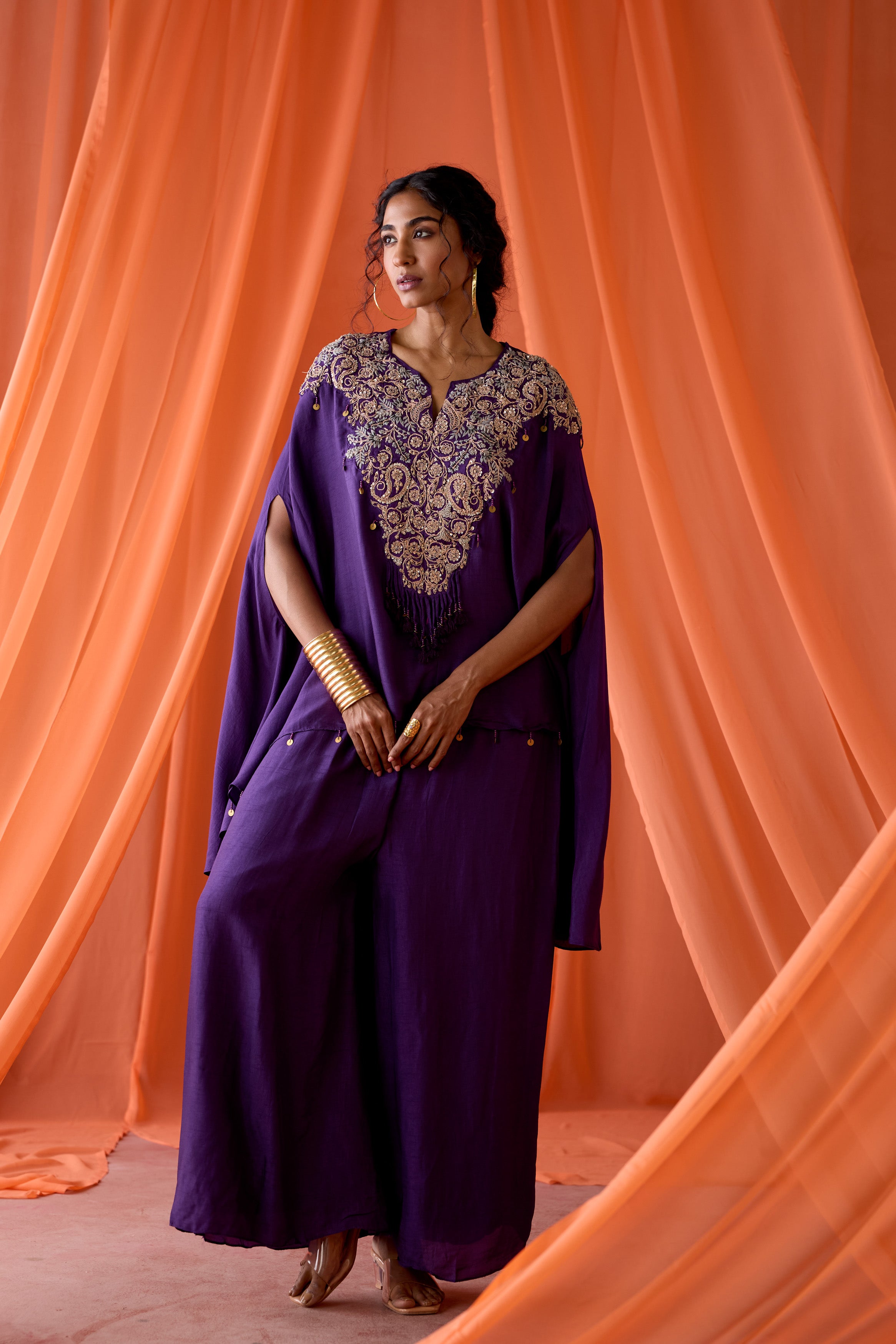 Violet Purple Embellished Raw Silk Kaftan Set