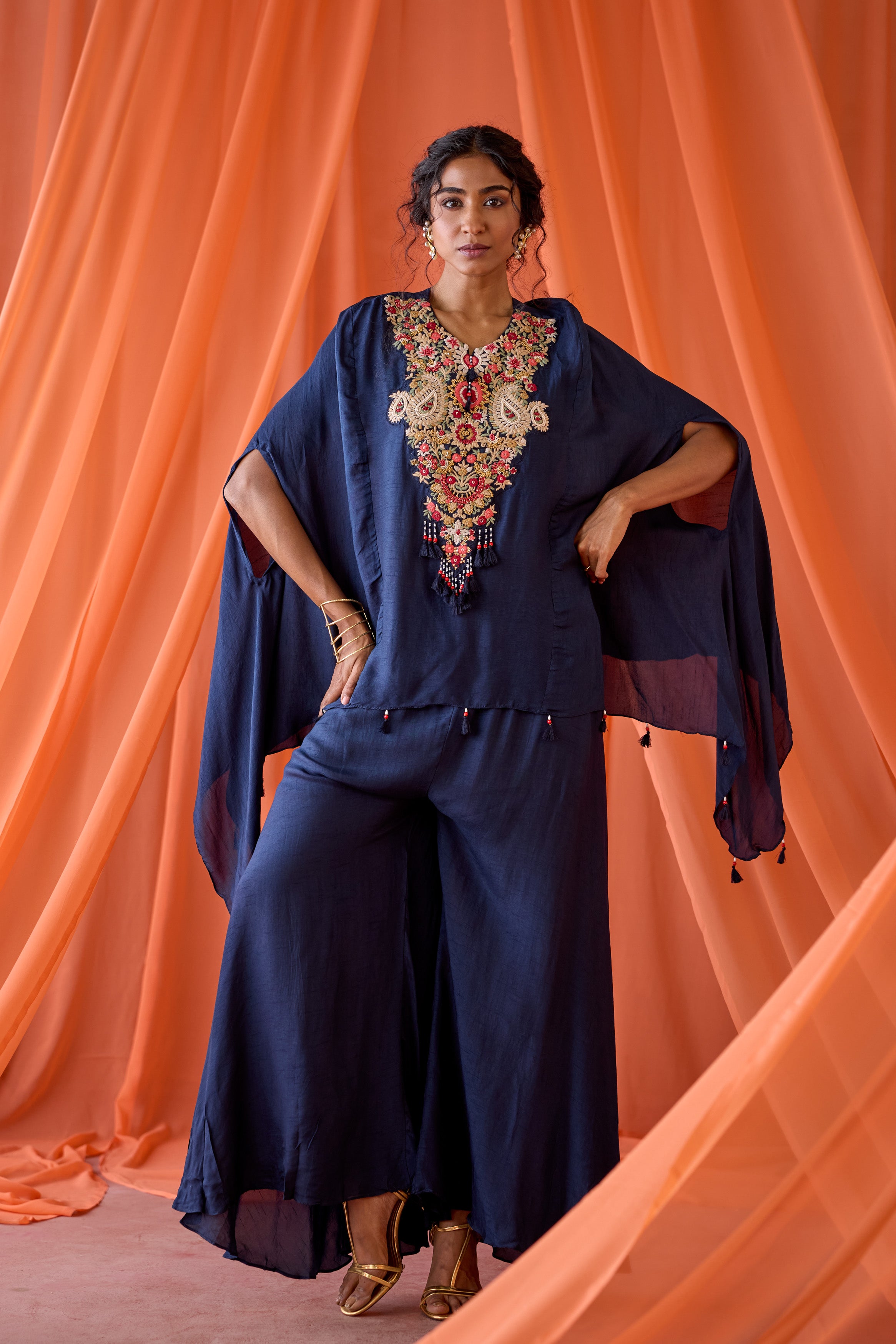 Twilight Blue Embroidered Raw Silk Sharara Set