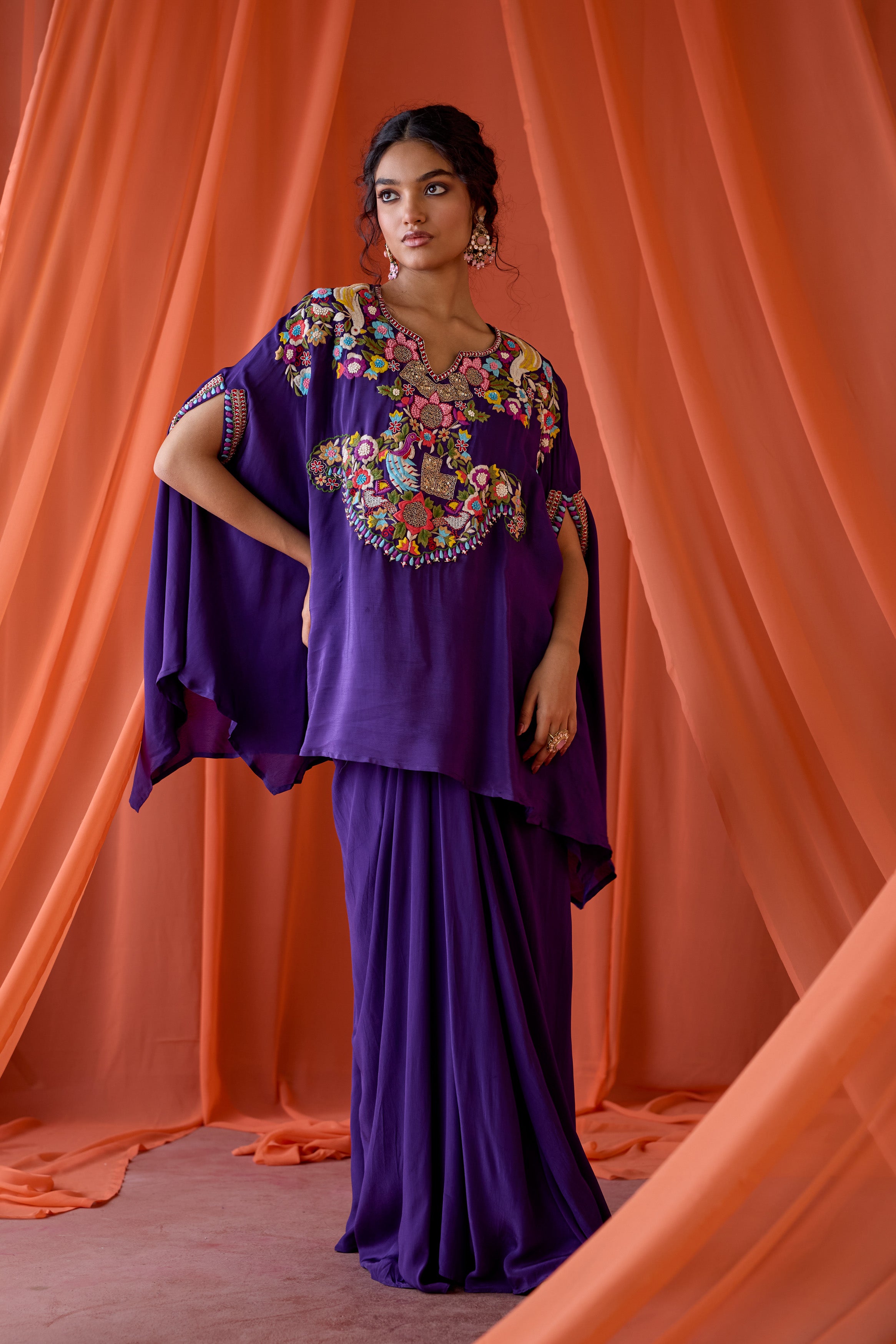 Deep Purple Embroidered Premium Silk Kaftan Set