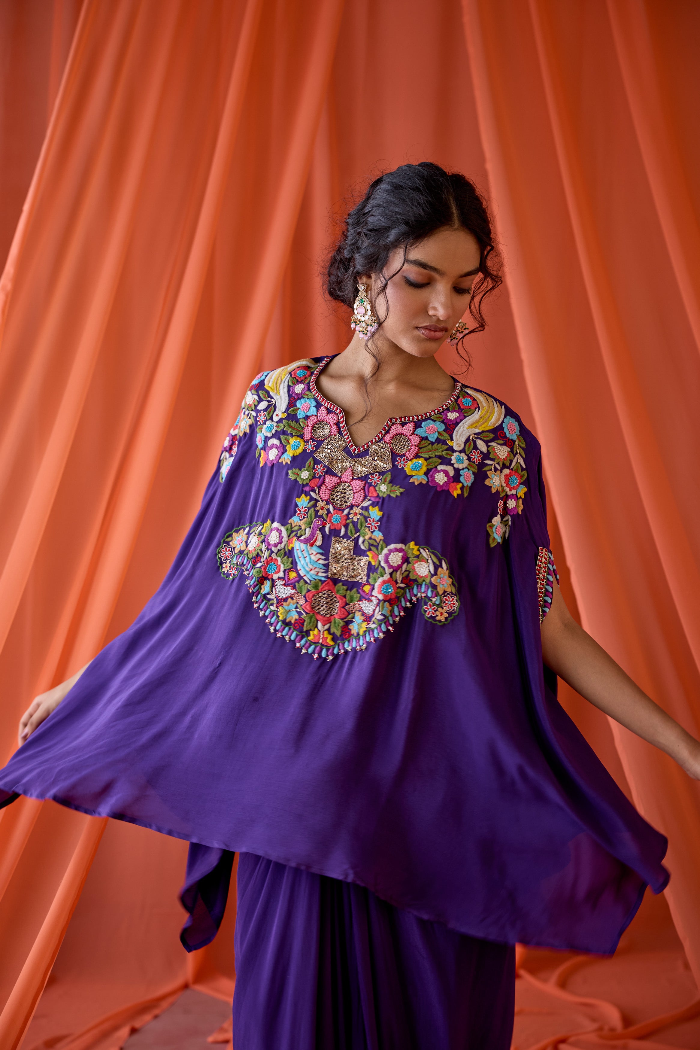 Deep Purple Embroidered Premium Silk Kaftan Set