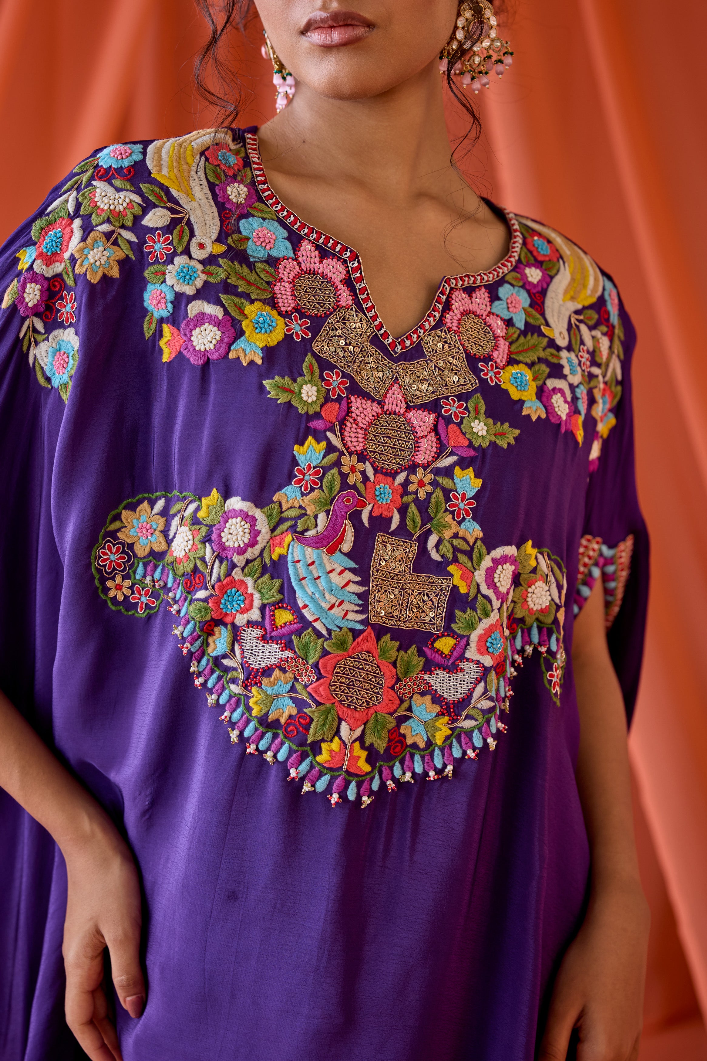 Deep Purple Embroidered Premium Silk Kaftan Set