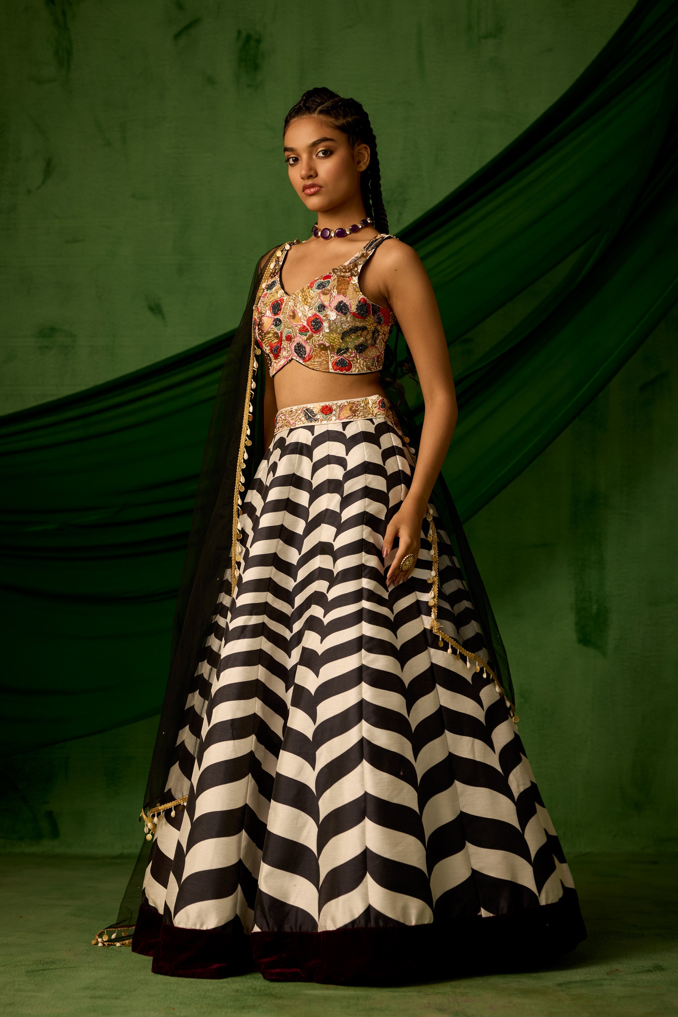 Black & White Embellished Raw Silk Lehenga set