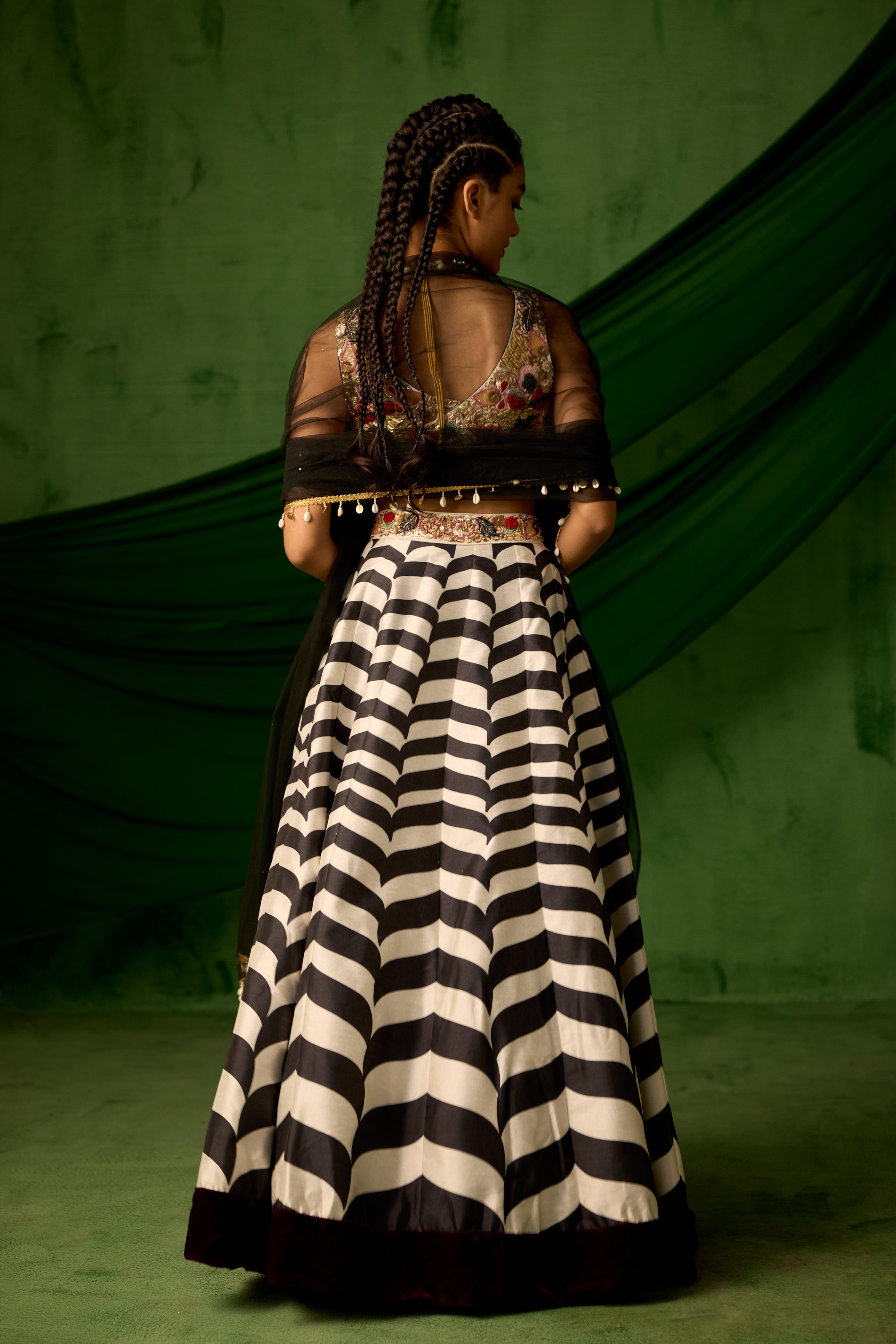 Black & White Embellished Raw Silk Lehenga set