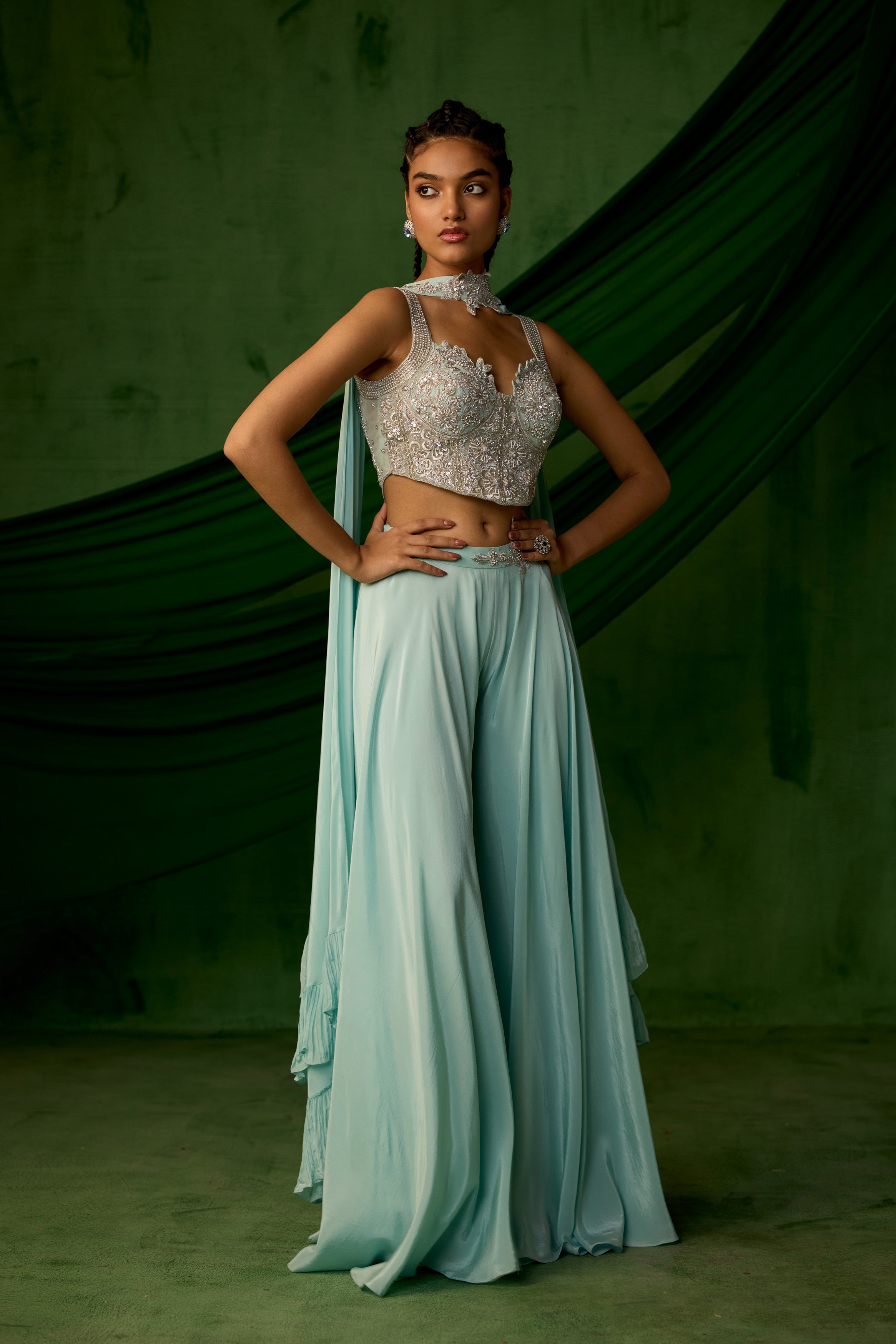 Sky Blue Embellished Satin Silk Palazzo Set