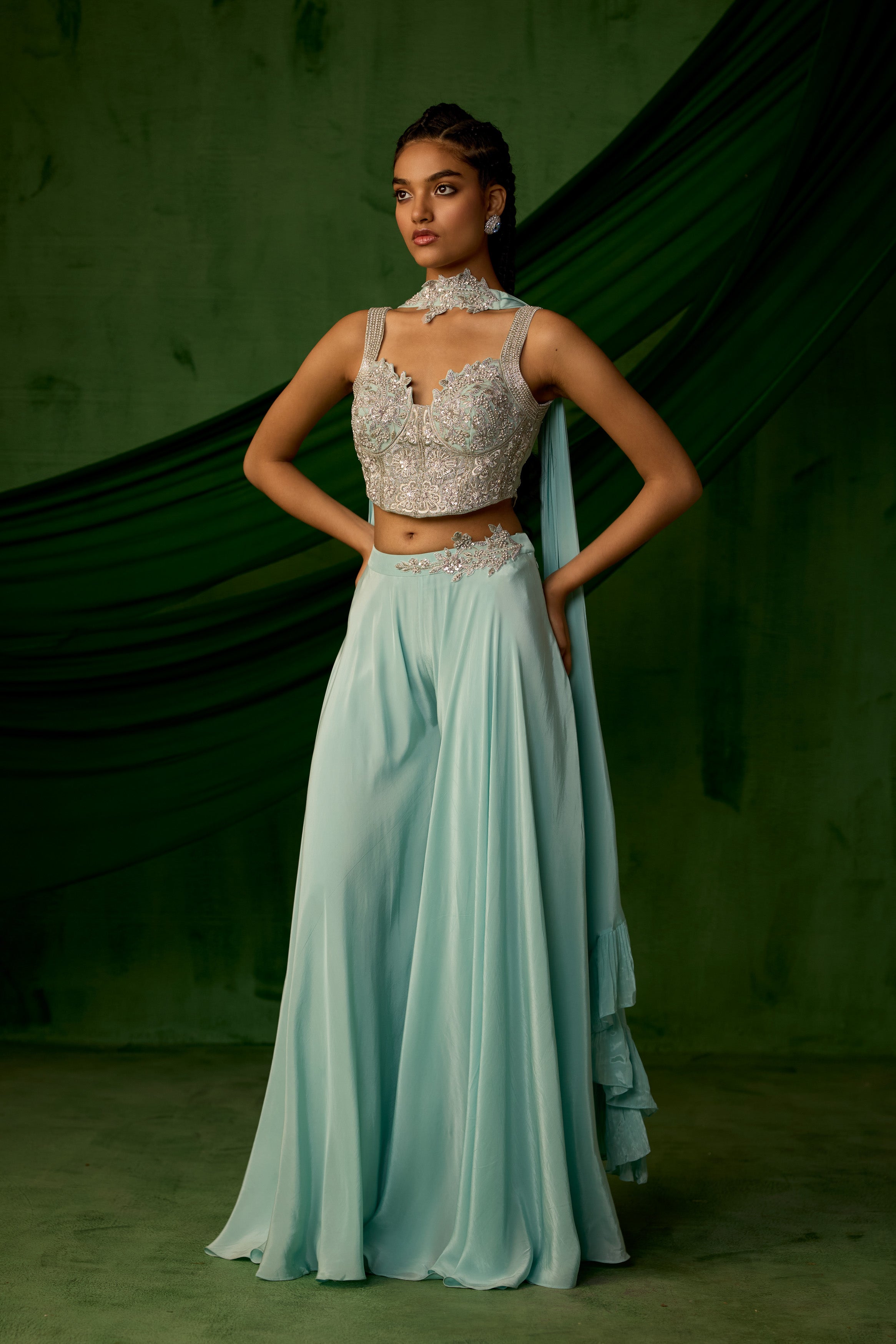 Sky Blue Embellished Satin Silk Palazzo Set
