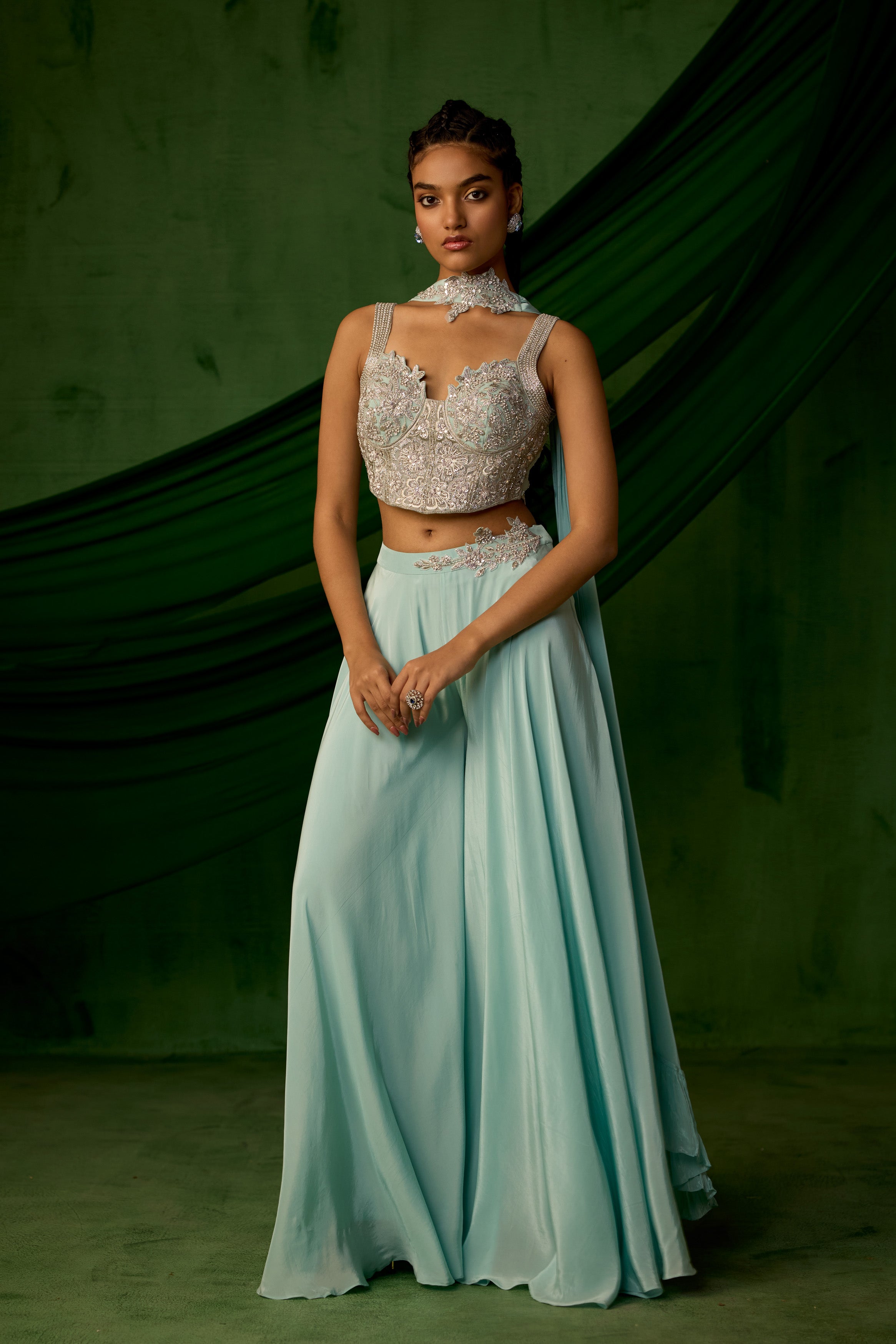 Sky Blue Embellished Satin Silk Palazzo Set