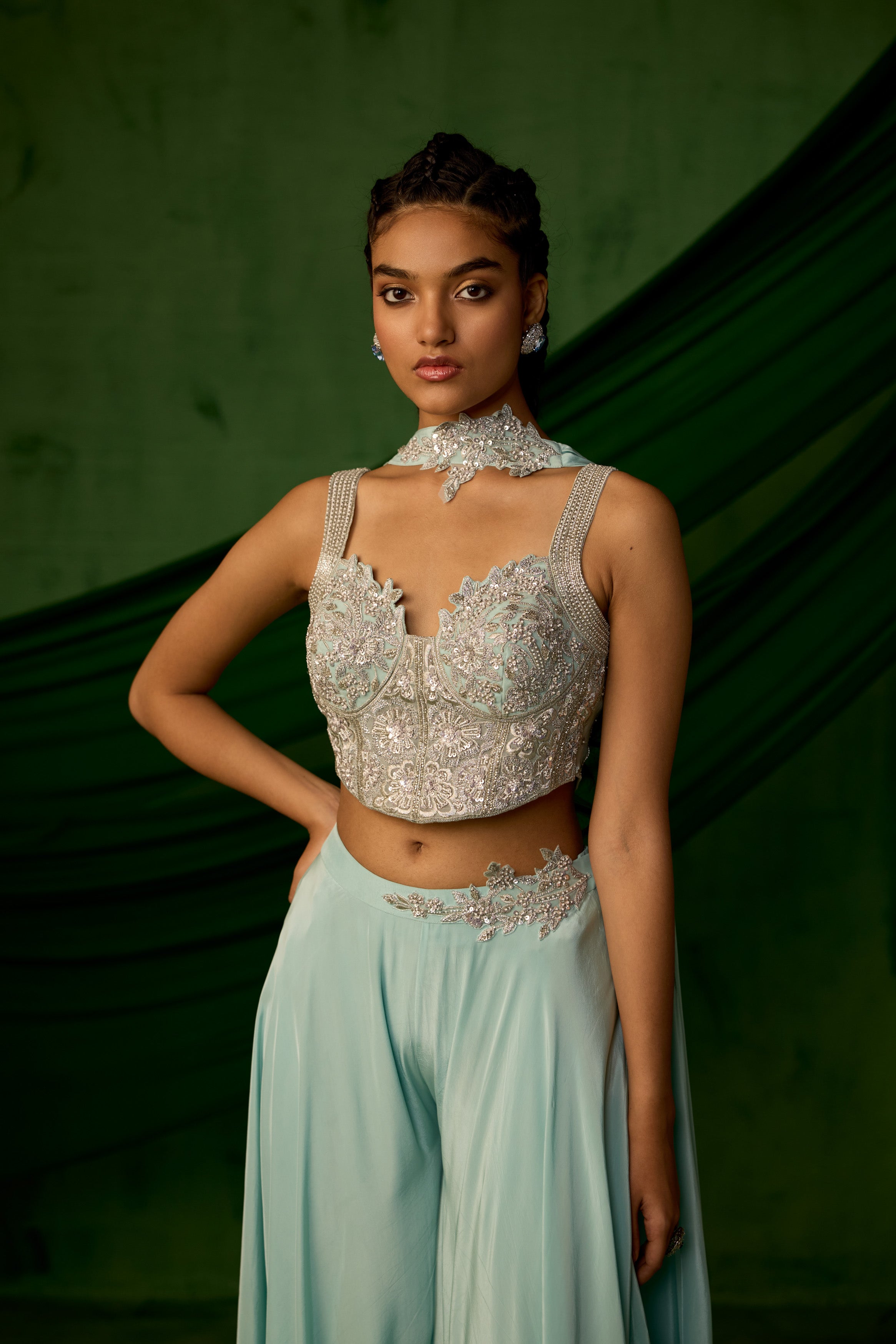 Sky Blue Embellished Satin Silk Palazzo Set