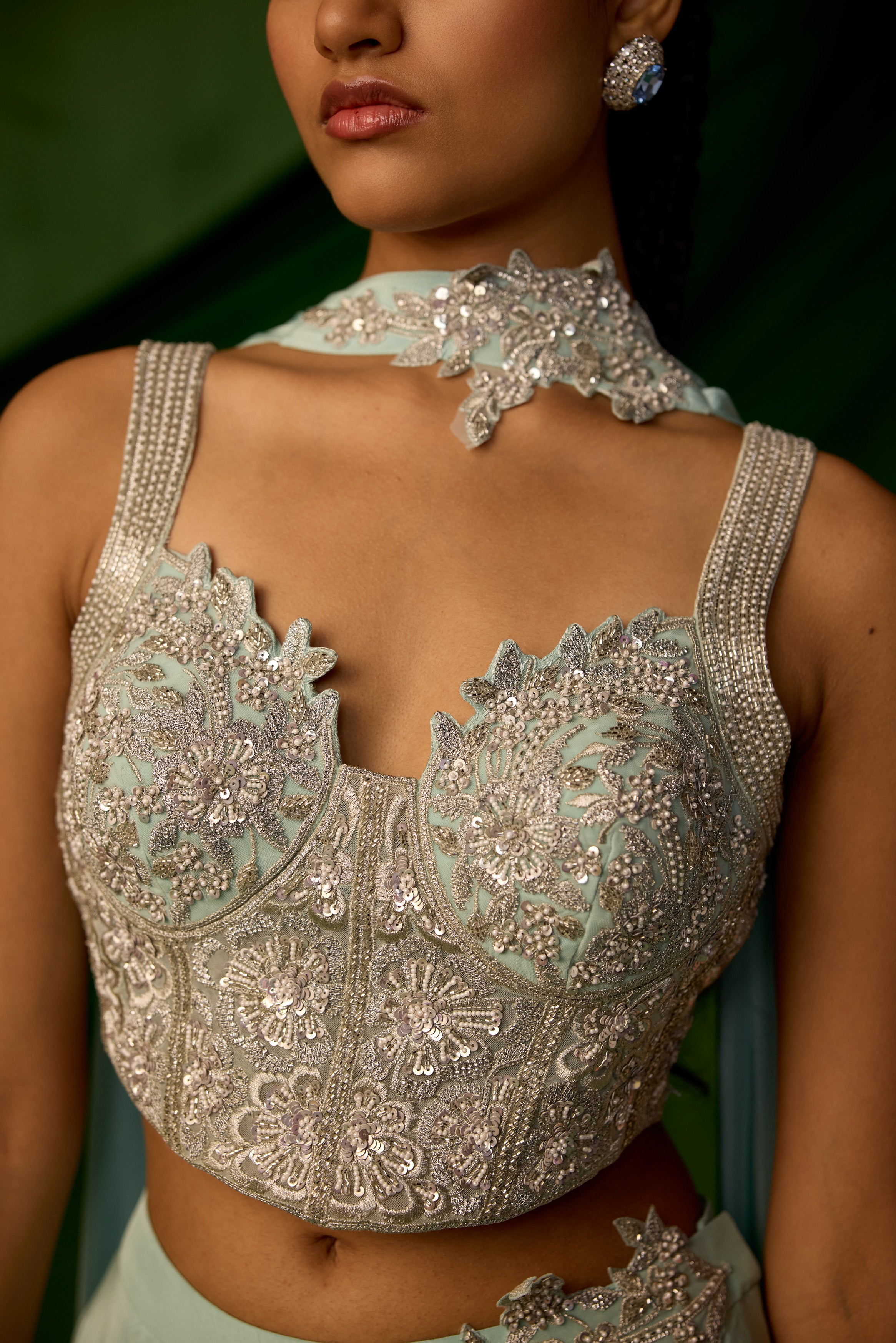 Sky Blue Embellished Satin Silk Palazzo Set