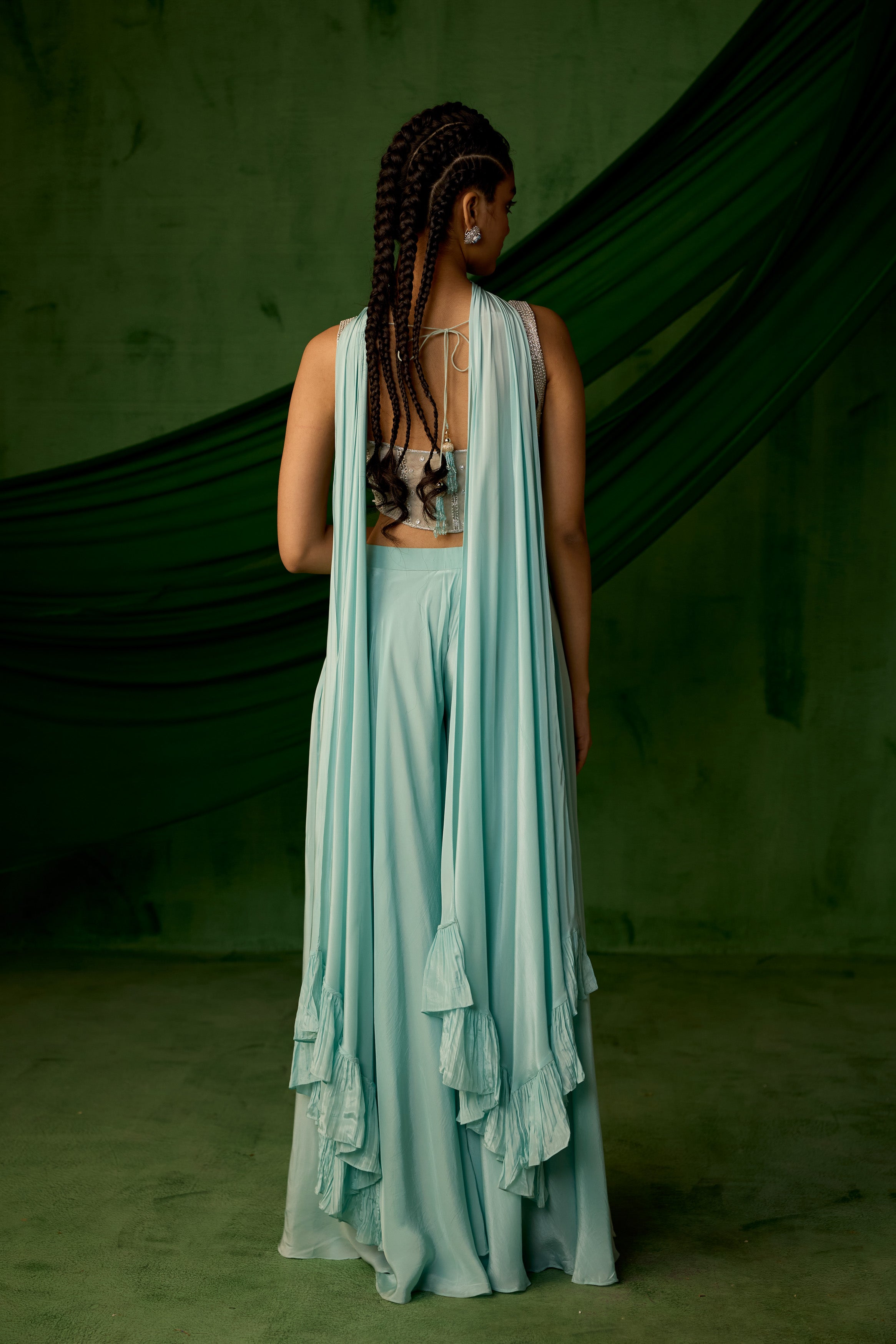 Sky Blue Embellished Satin Silk Palazzo Set