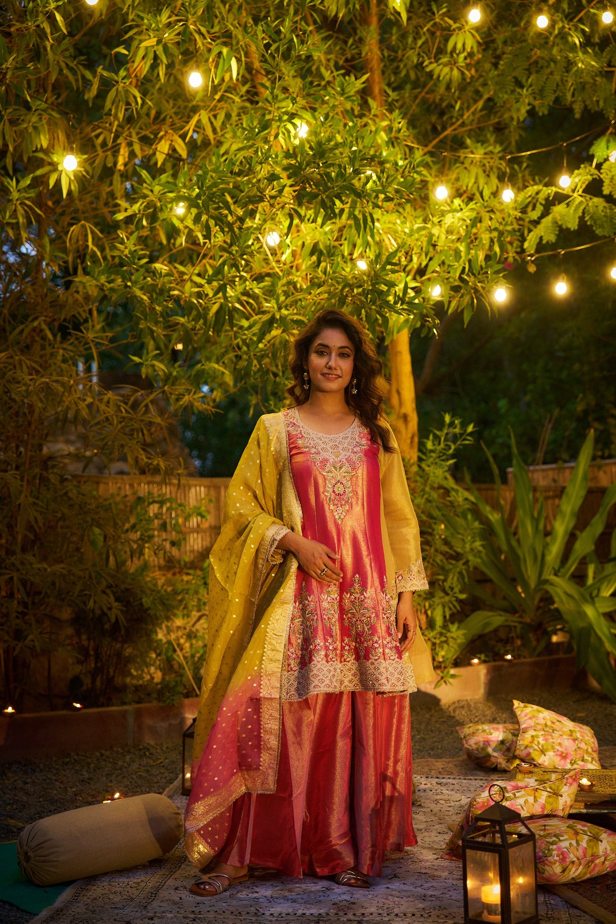 Dusty Pink Embellished Tissue Silk Palazzo Set