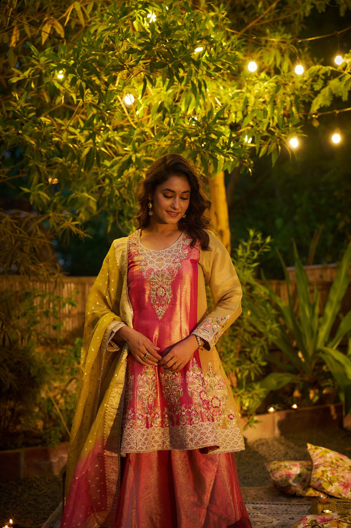 Dusty Pink Embellished Tissue Silk Palazzo Set