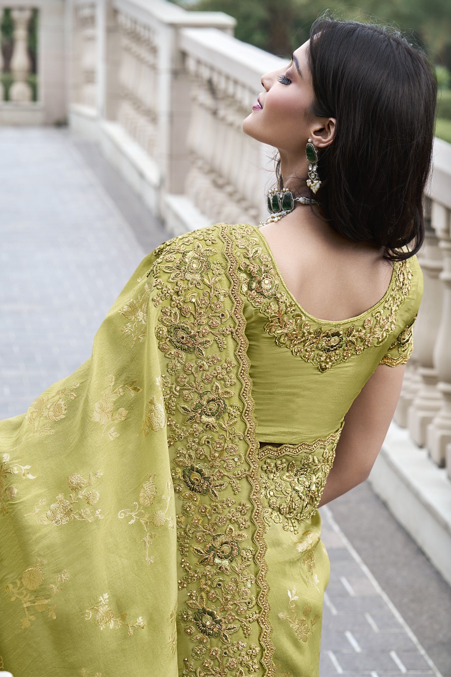 Light Green Embroidered Tissue Silk Saree