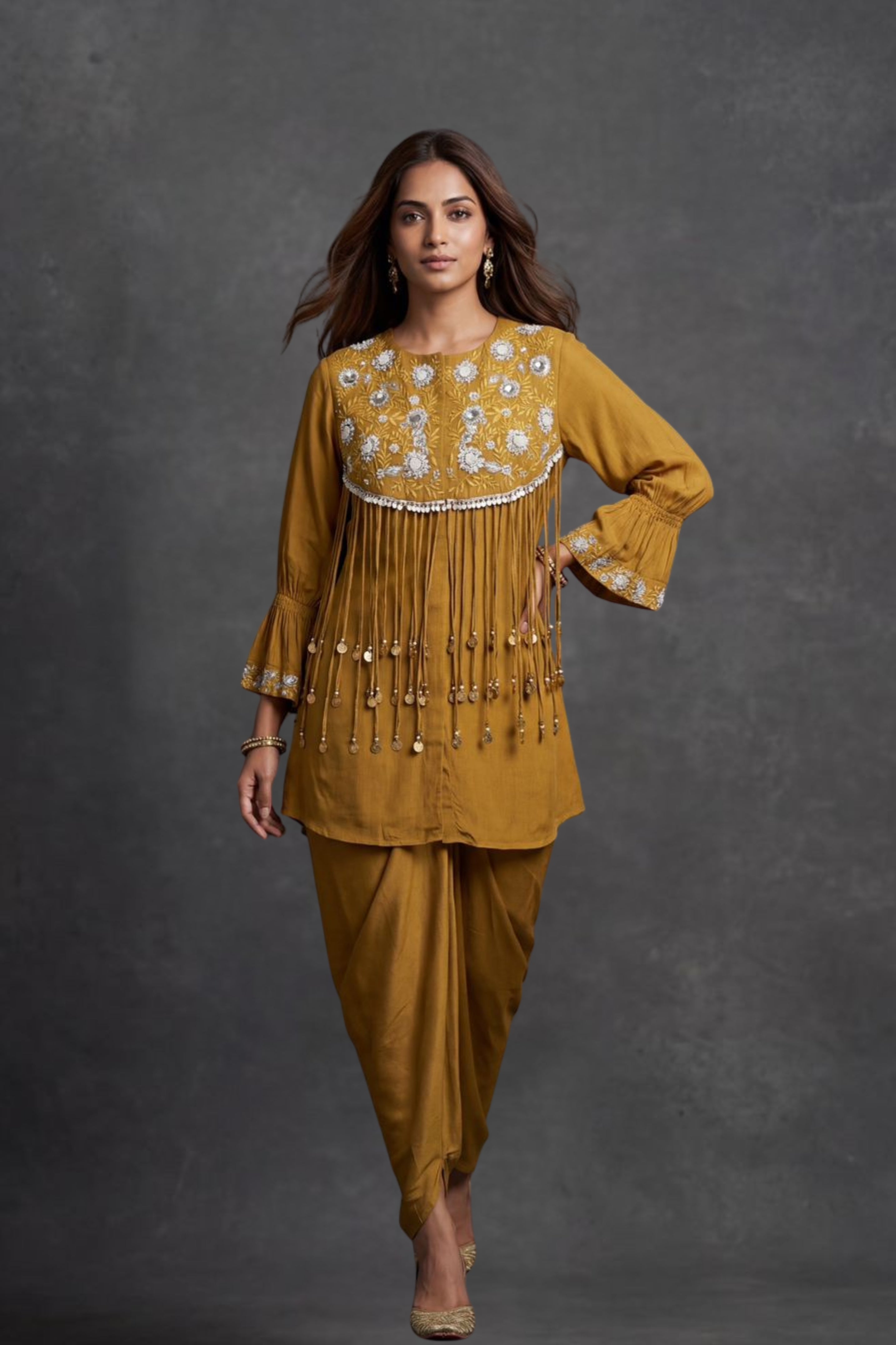 Golden Mustard Emebllished Crepe Silk Drape Skirt Set