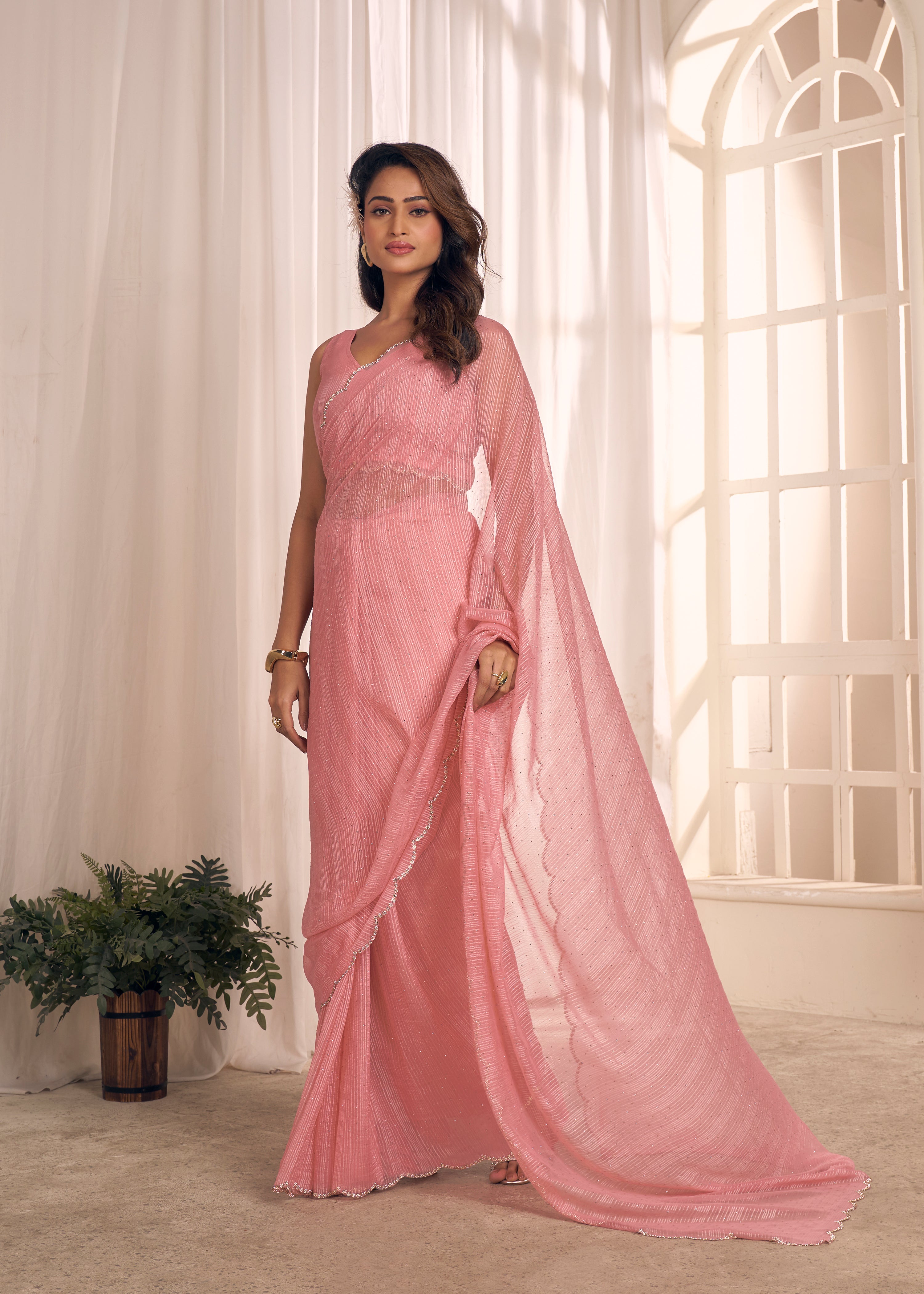 Baby Pink Shimmer Embellished Premium Silk Saree