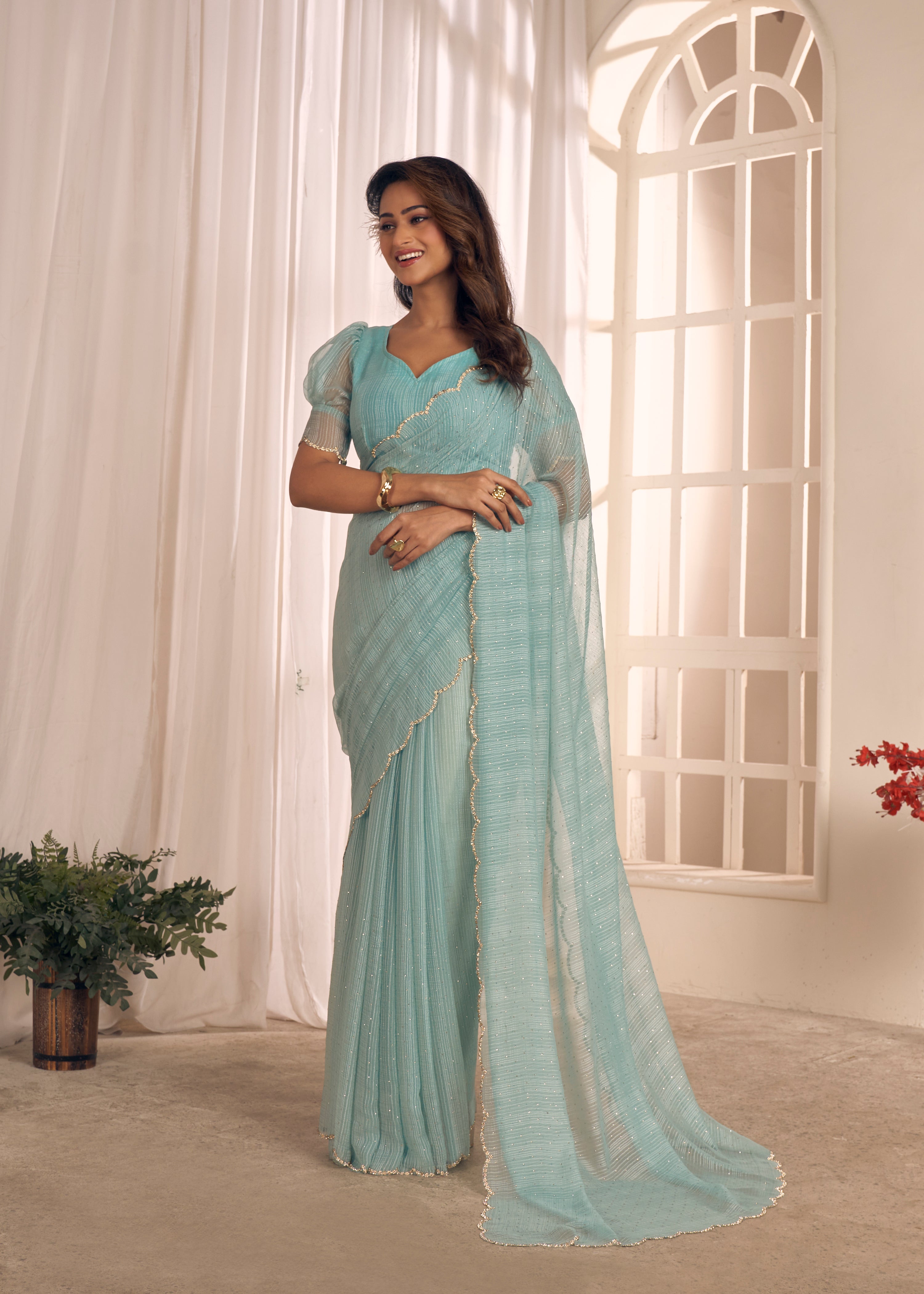 Baby Blue Shimmer Embellished Premium Silk Saree