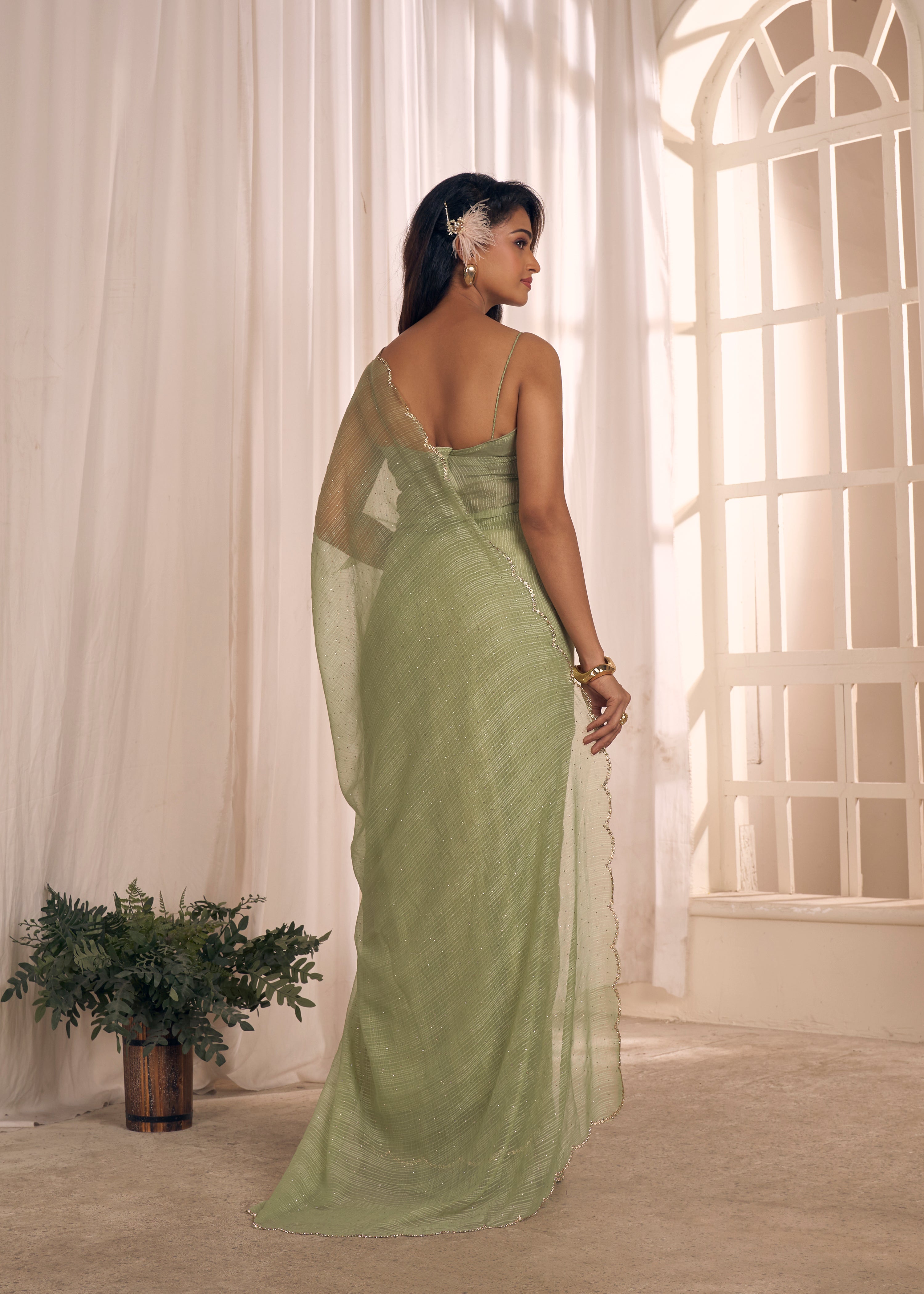 Sage Shimmer Embellished Premium Silk Saree