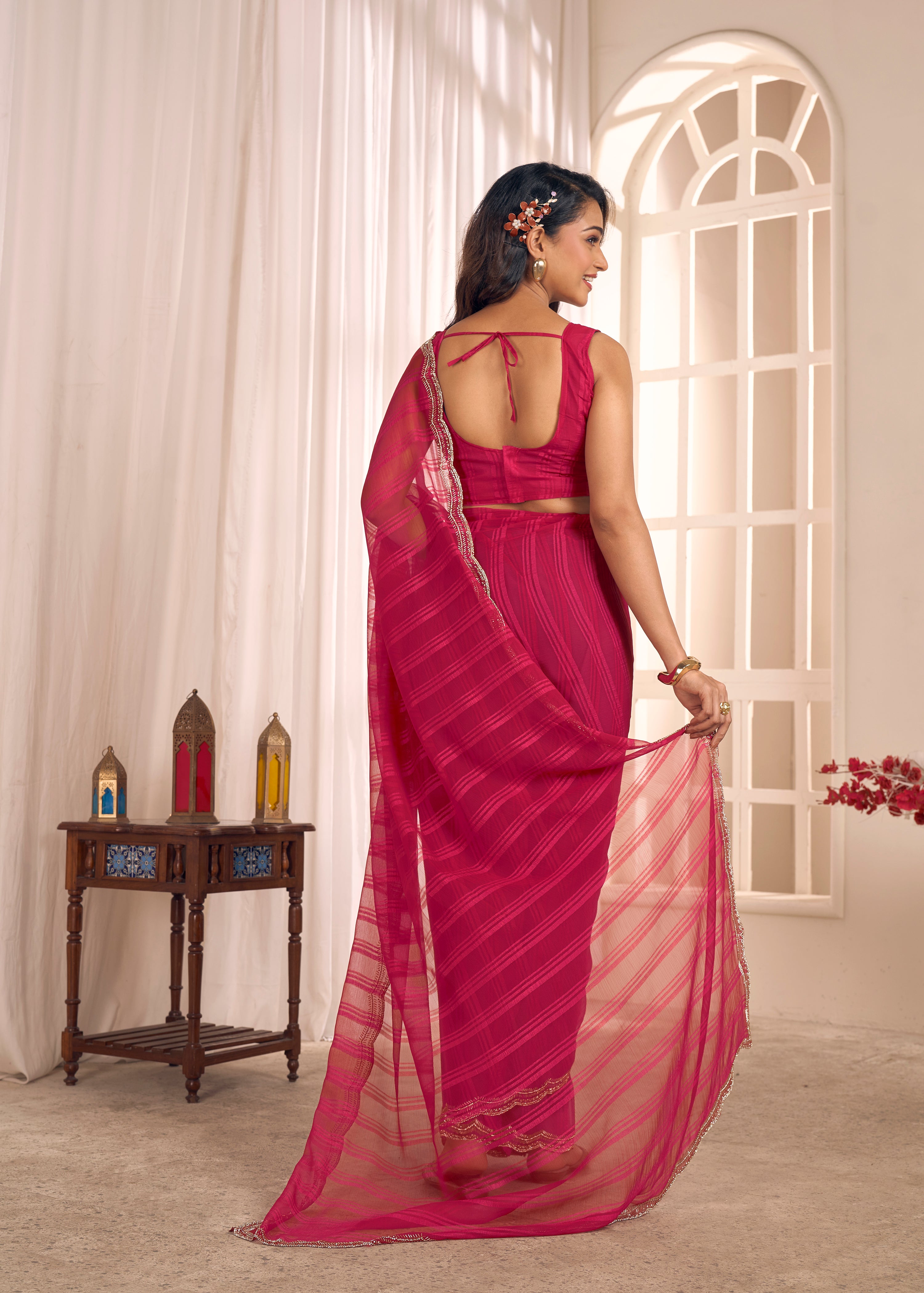 Hot Pink Shimmer Embellished Premium Silk Saree