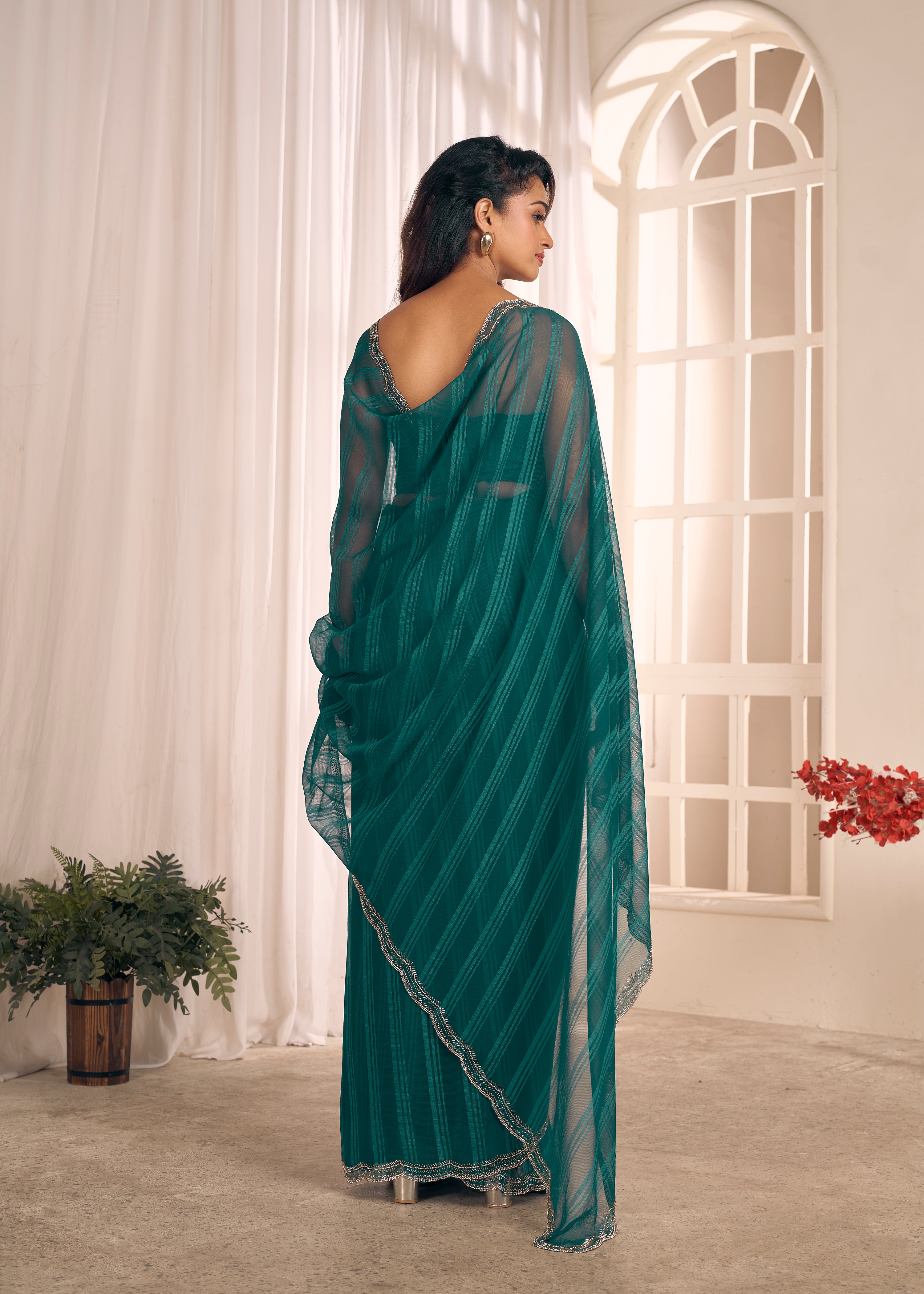 Teal Green Shimmer Embellished Premium Silk Saree