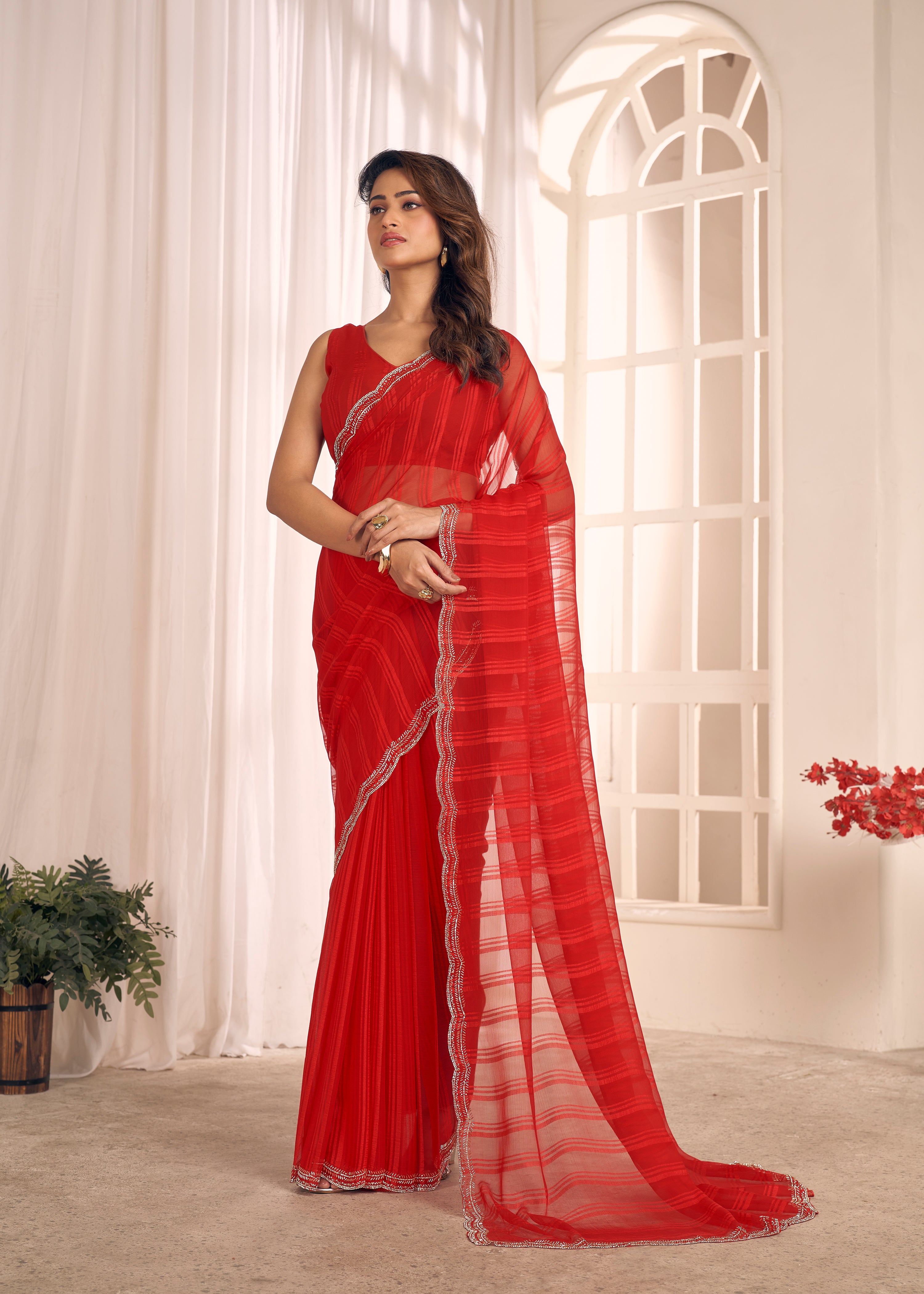 Chilli Red Shimmer Embellished Premium Silk Saree