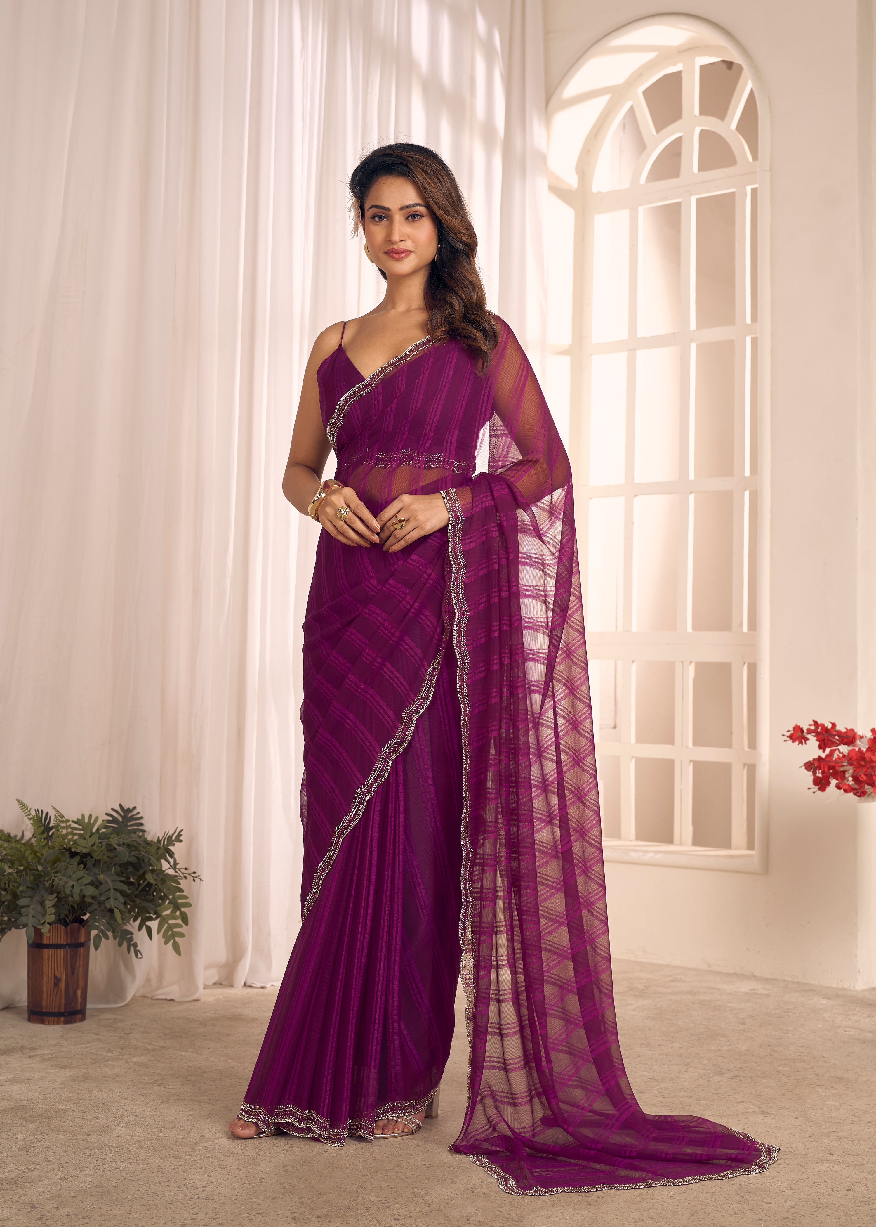 Royal Plum Shimmer Embellished Premium Silk Saree
