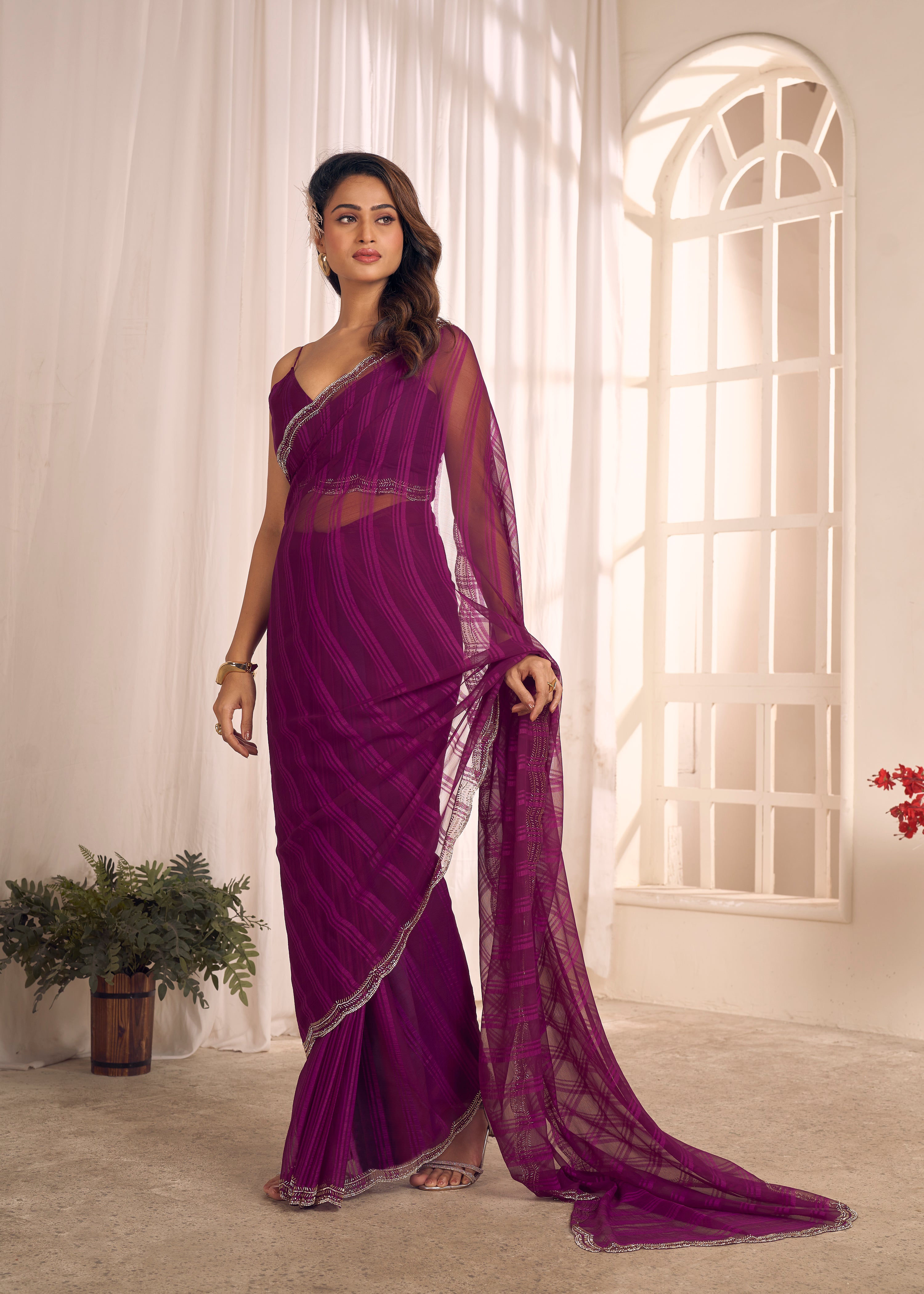 Royal Plum Shimmer Embellished Premium Silk Saree