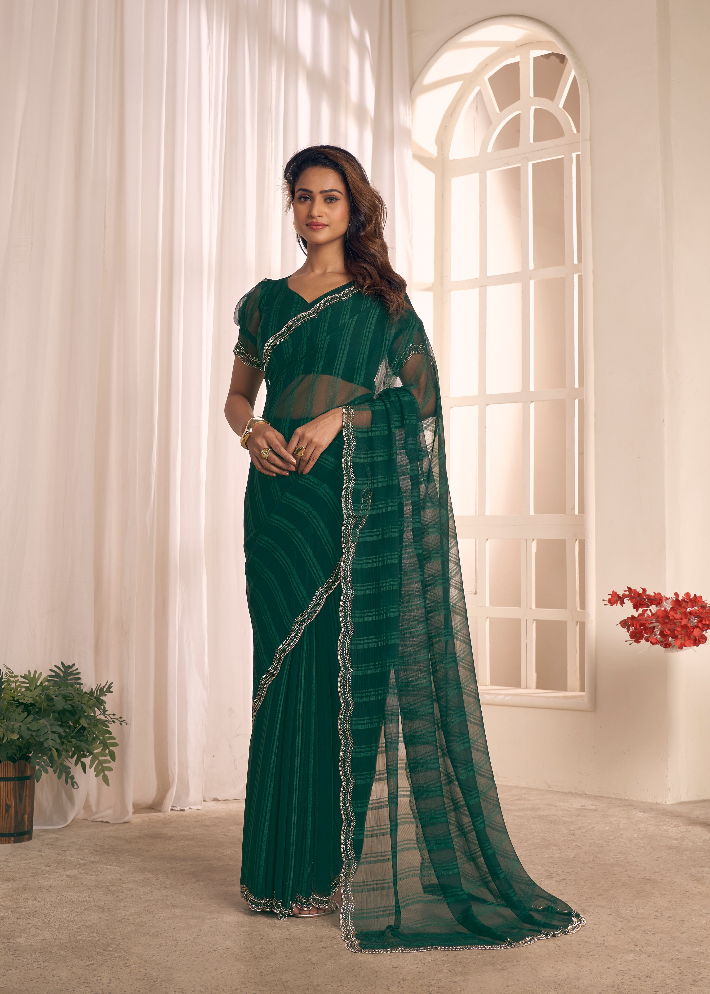 Green Shimmer Embellished Premium Silk Saree