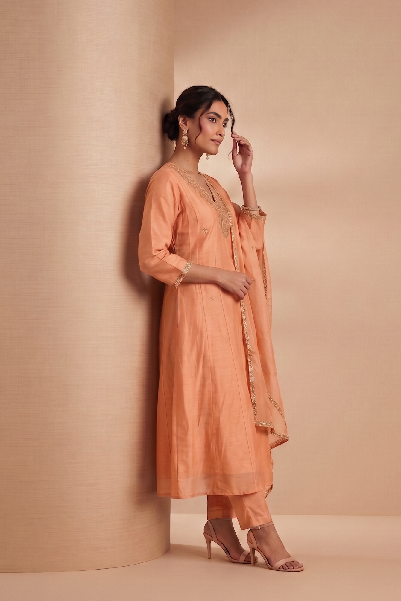 Dusty Orange Mul Chanderi Silk Suit Set