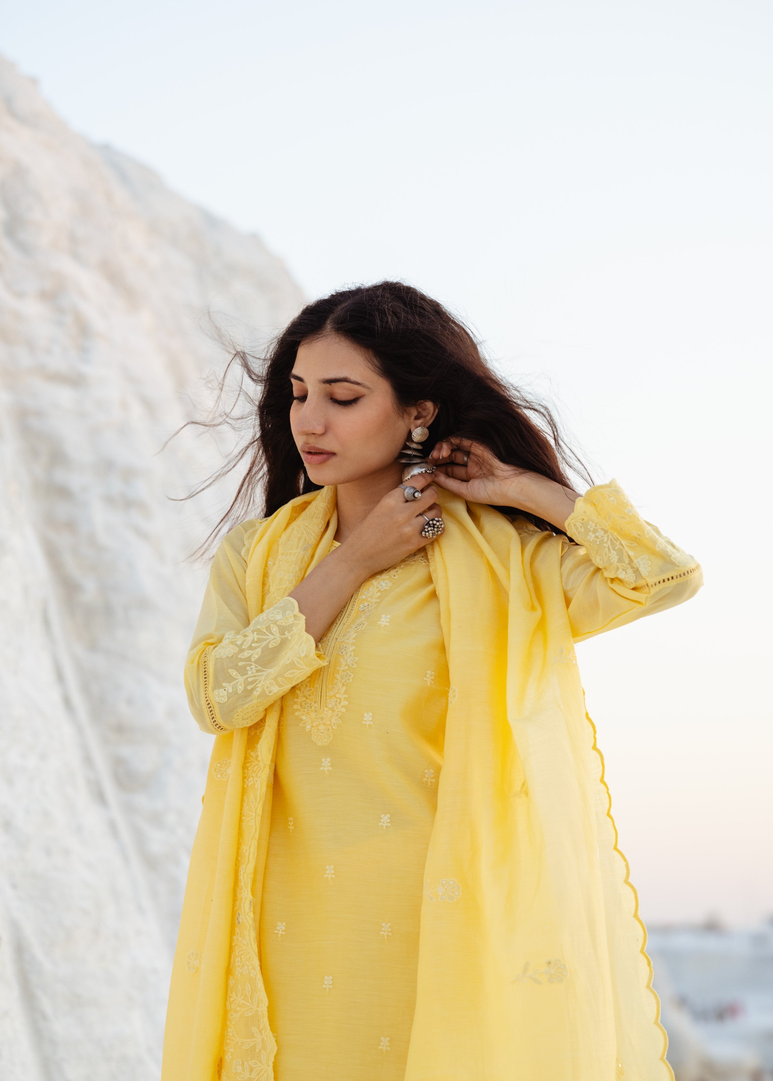 Lemon Embroidered Mul-Chanderi Silk Pant Set