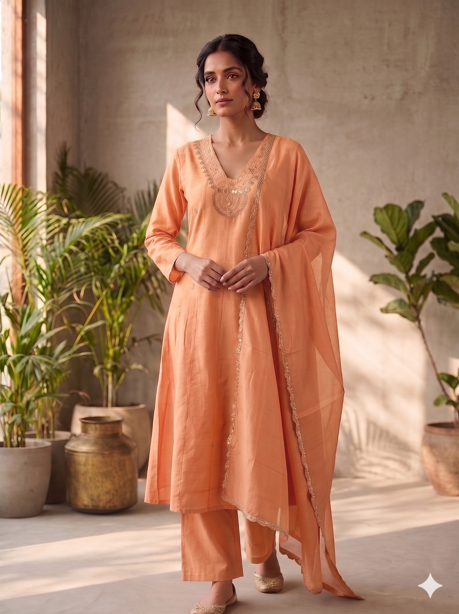 Dusty Orange Mul Chanderi Silk Suit Set