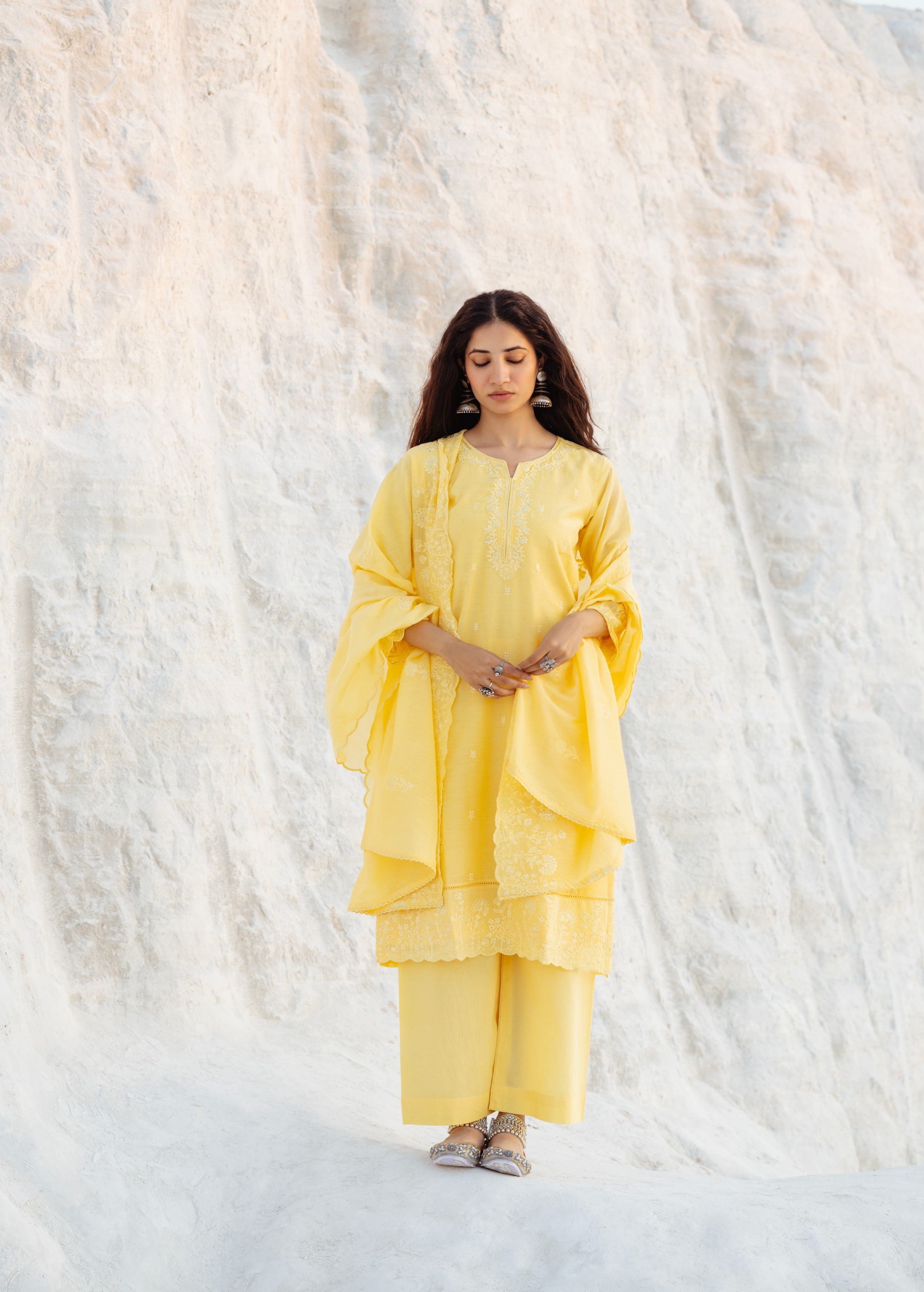 Lemon Embroidered Mul-Chanderi Silk Pant Set