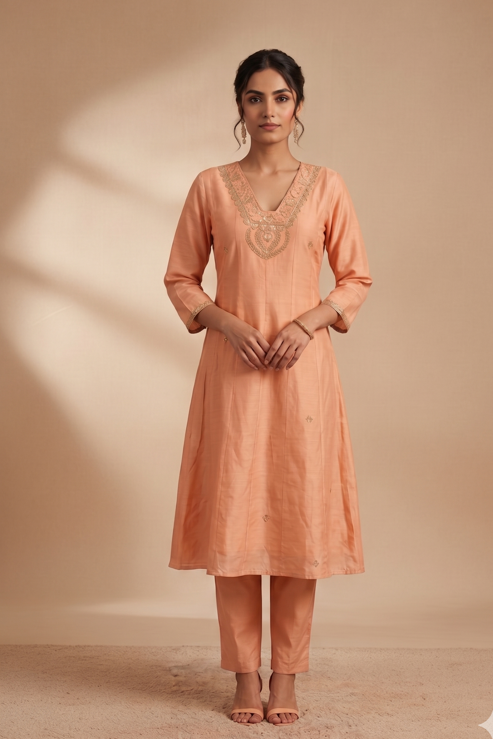 Dusty Orange Mul Chanderi Silk Suit Set