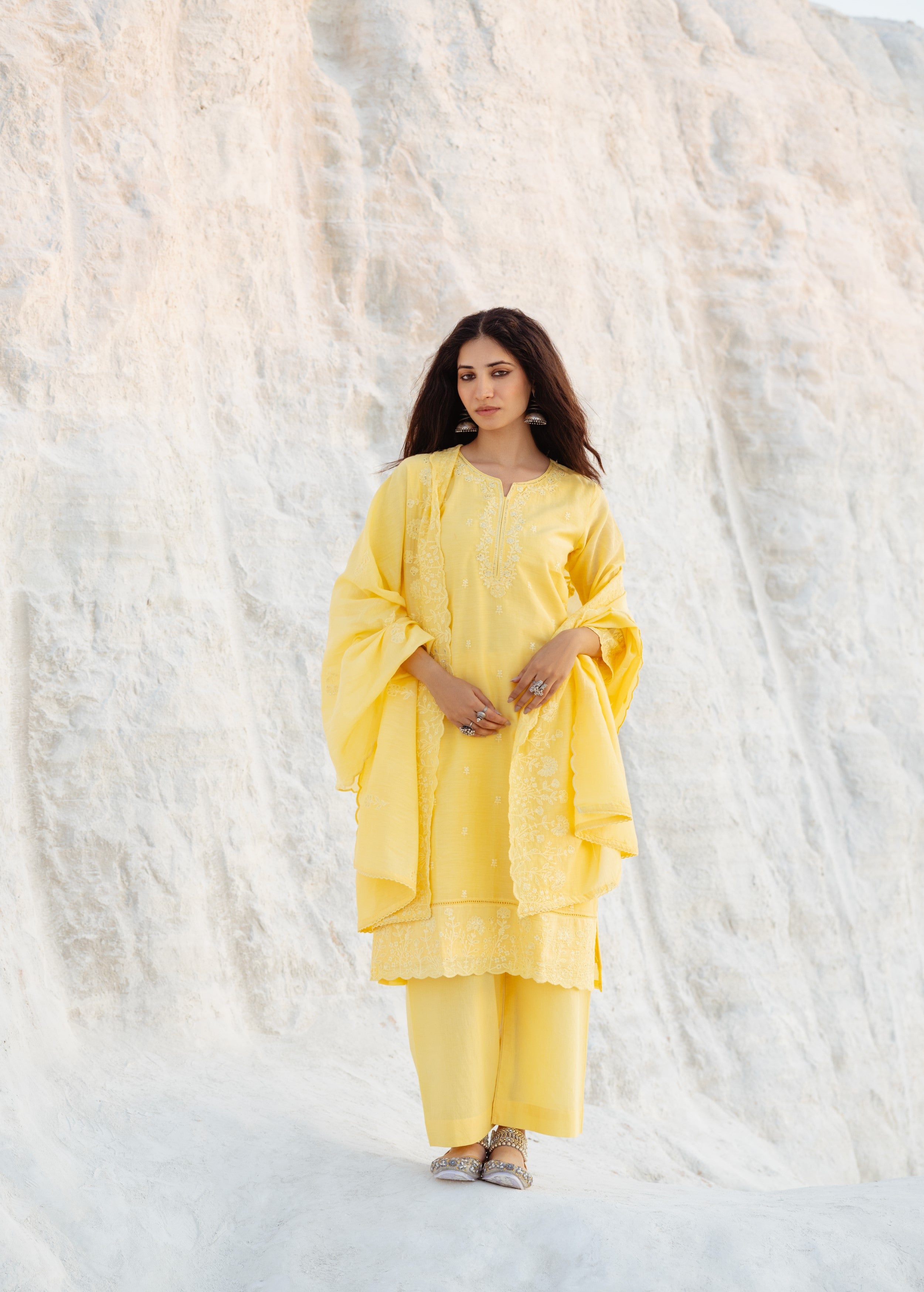 Lemon Embroidered Mul-Chanderi Silk Pant Set