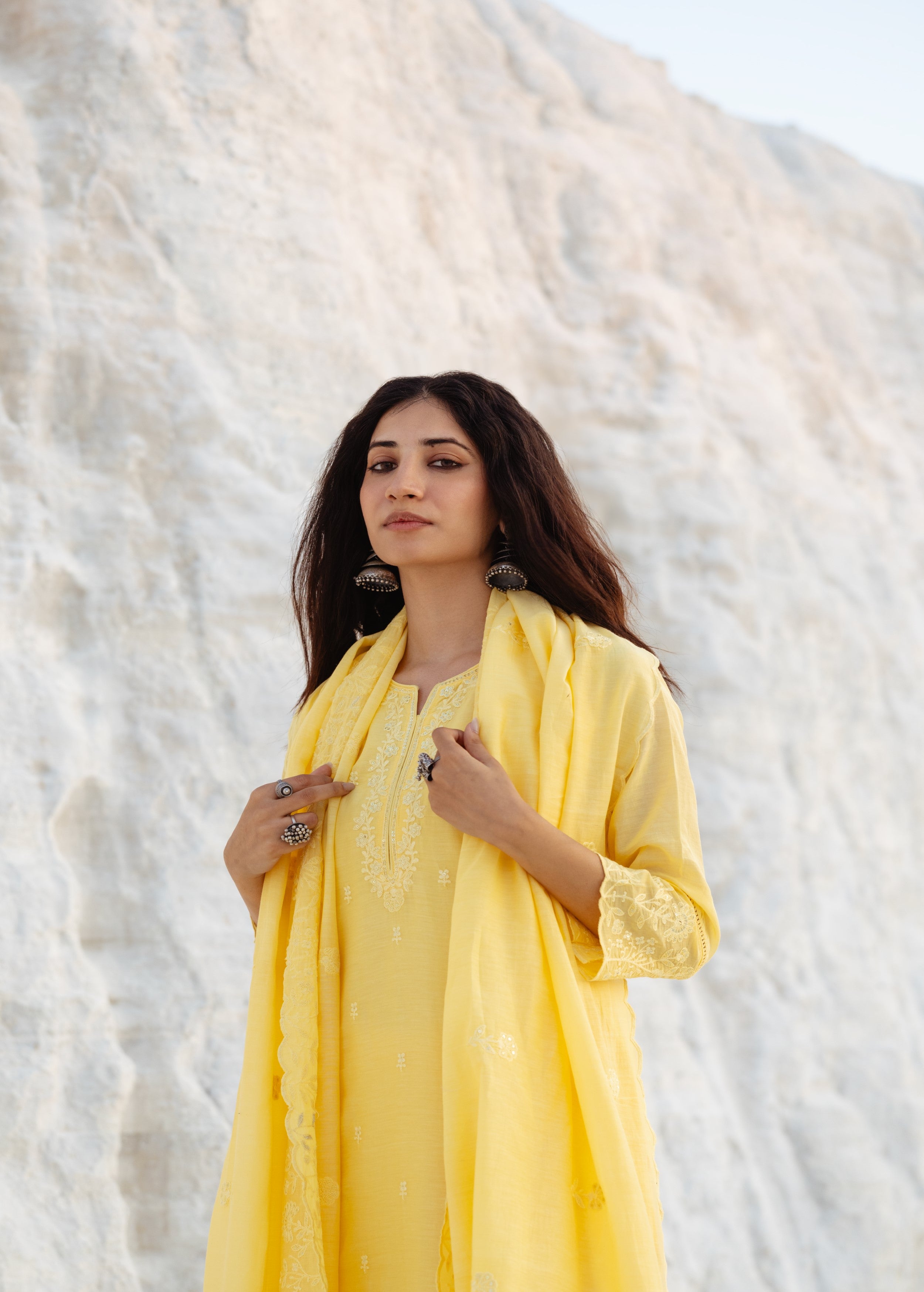 Lemon Embroidered Mul-Chanderi Silk Pant Set