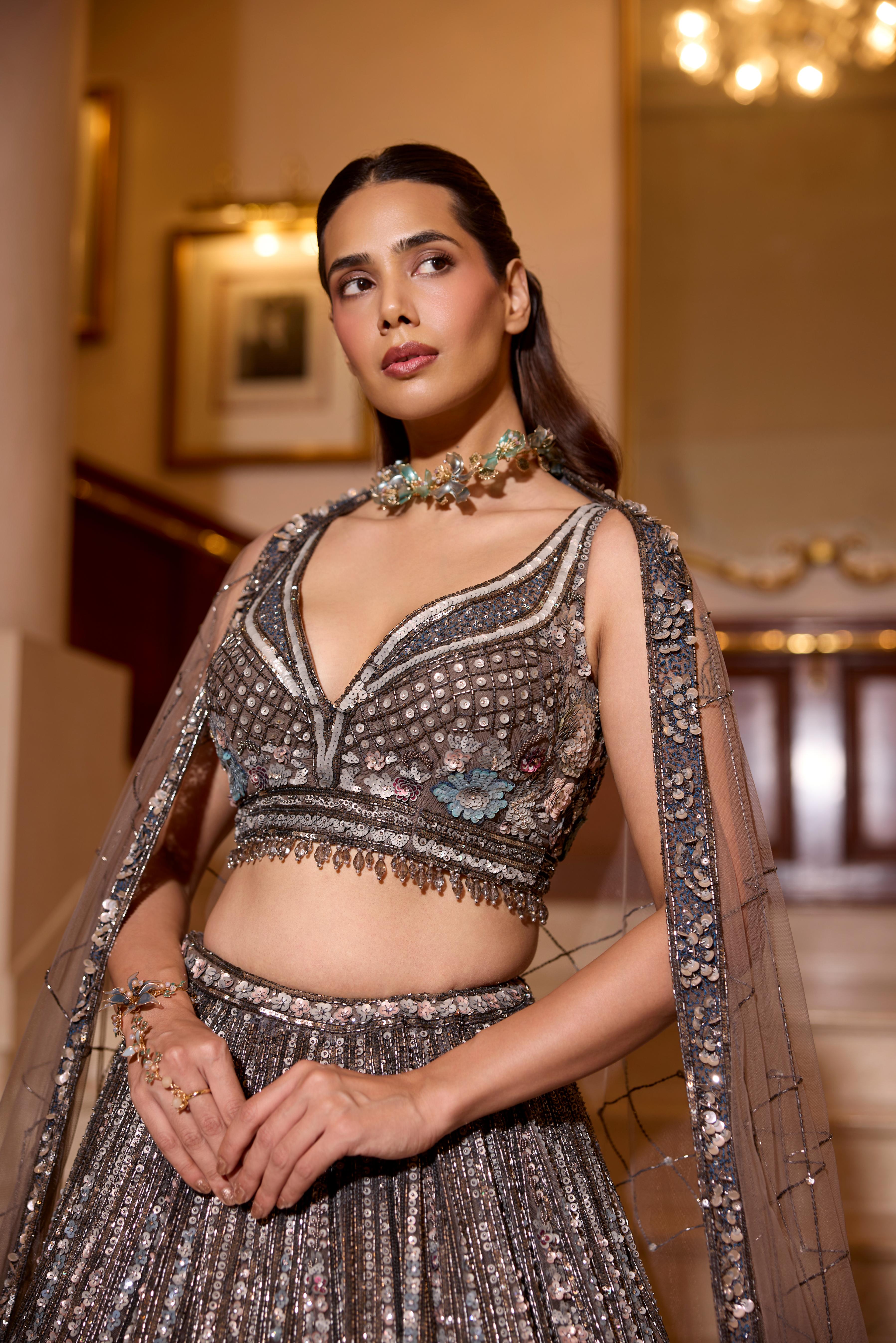 Smoky Grey Embellished Premium Lehenga Set
