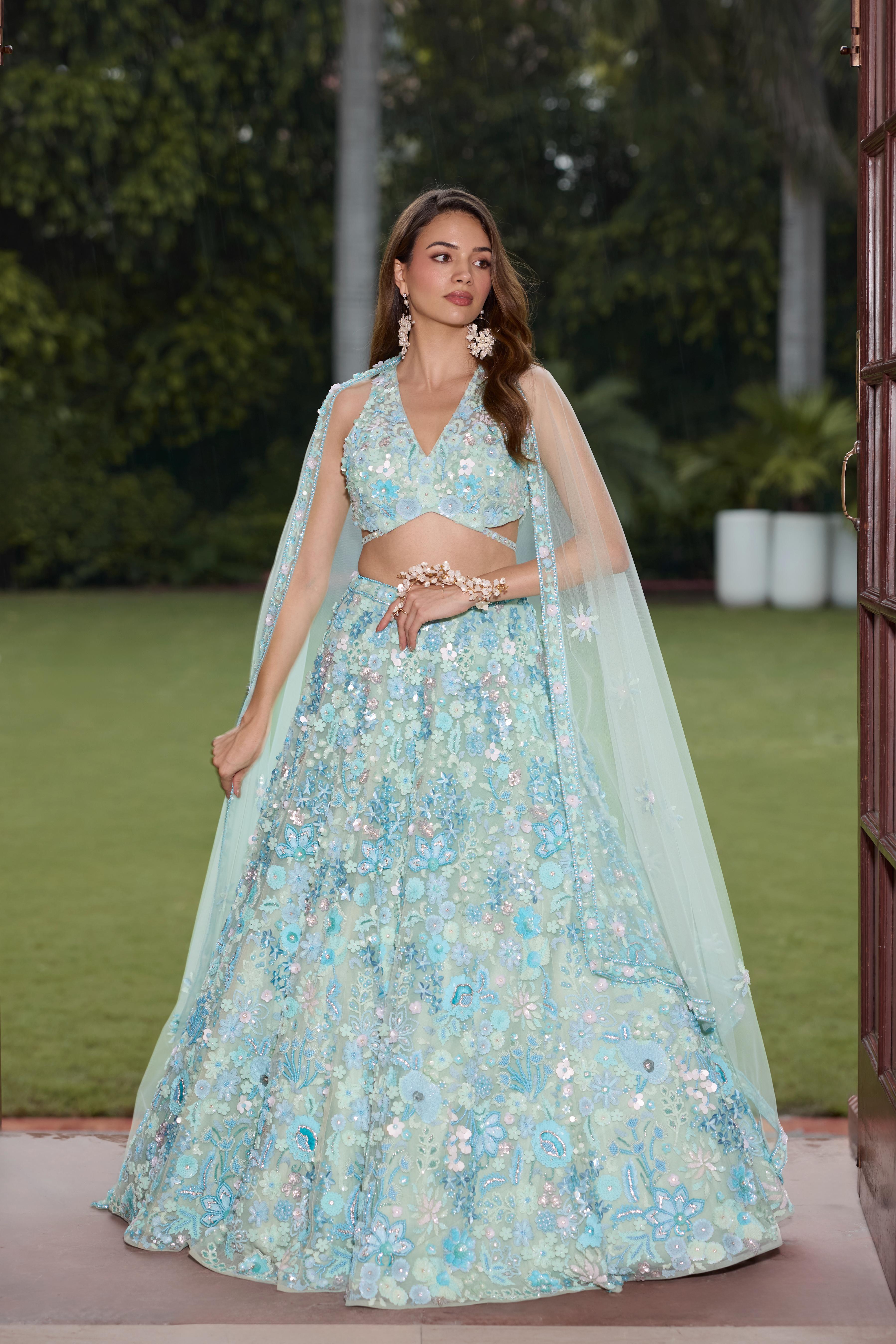 Aqua Pastel Blue Embellished Premium Lehenga Set