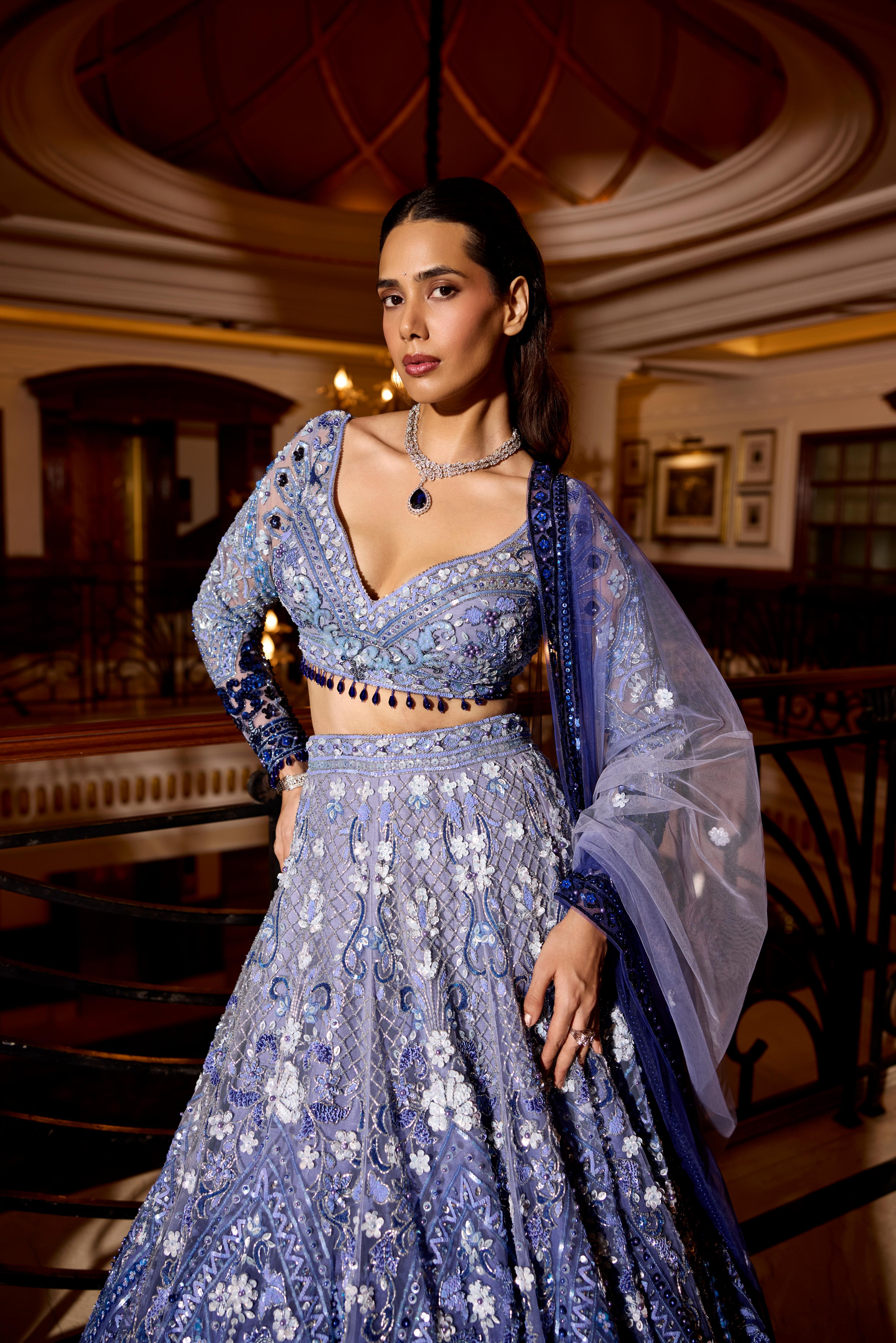Periwinkle Blue Ombre Embellished Premium Lehenga Set