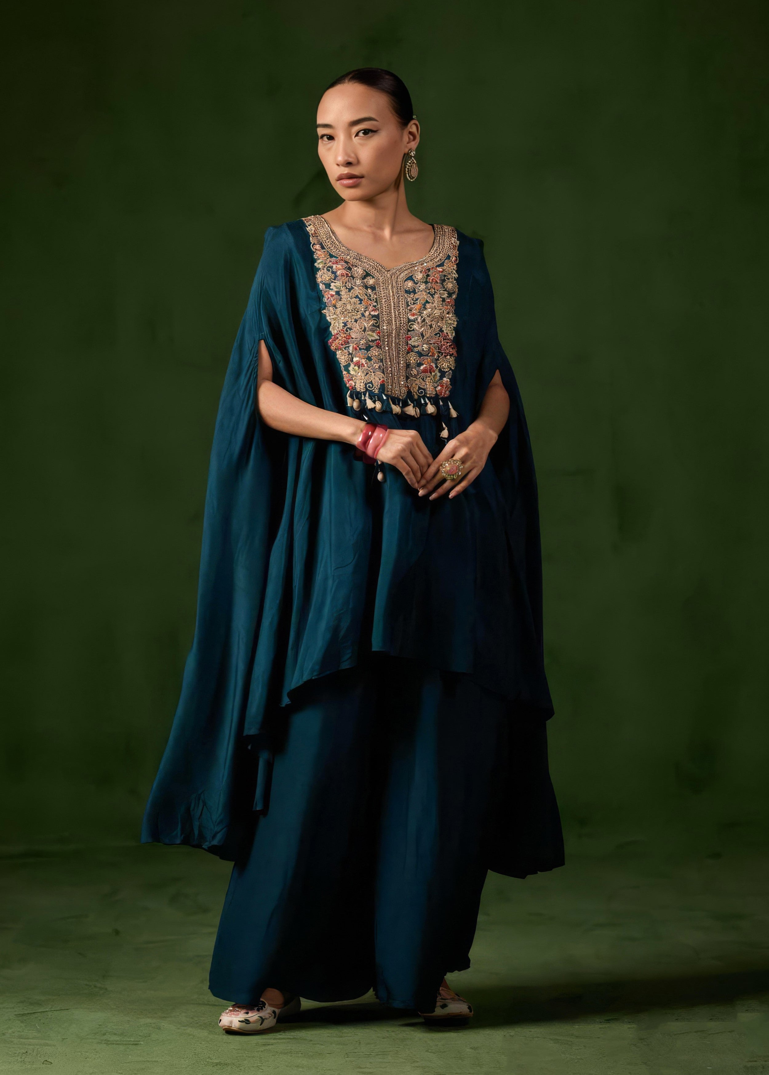 Teal Blue Embellished Raw Silk Palazzo Set