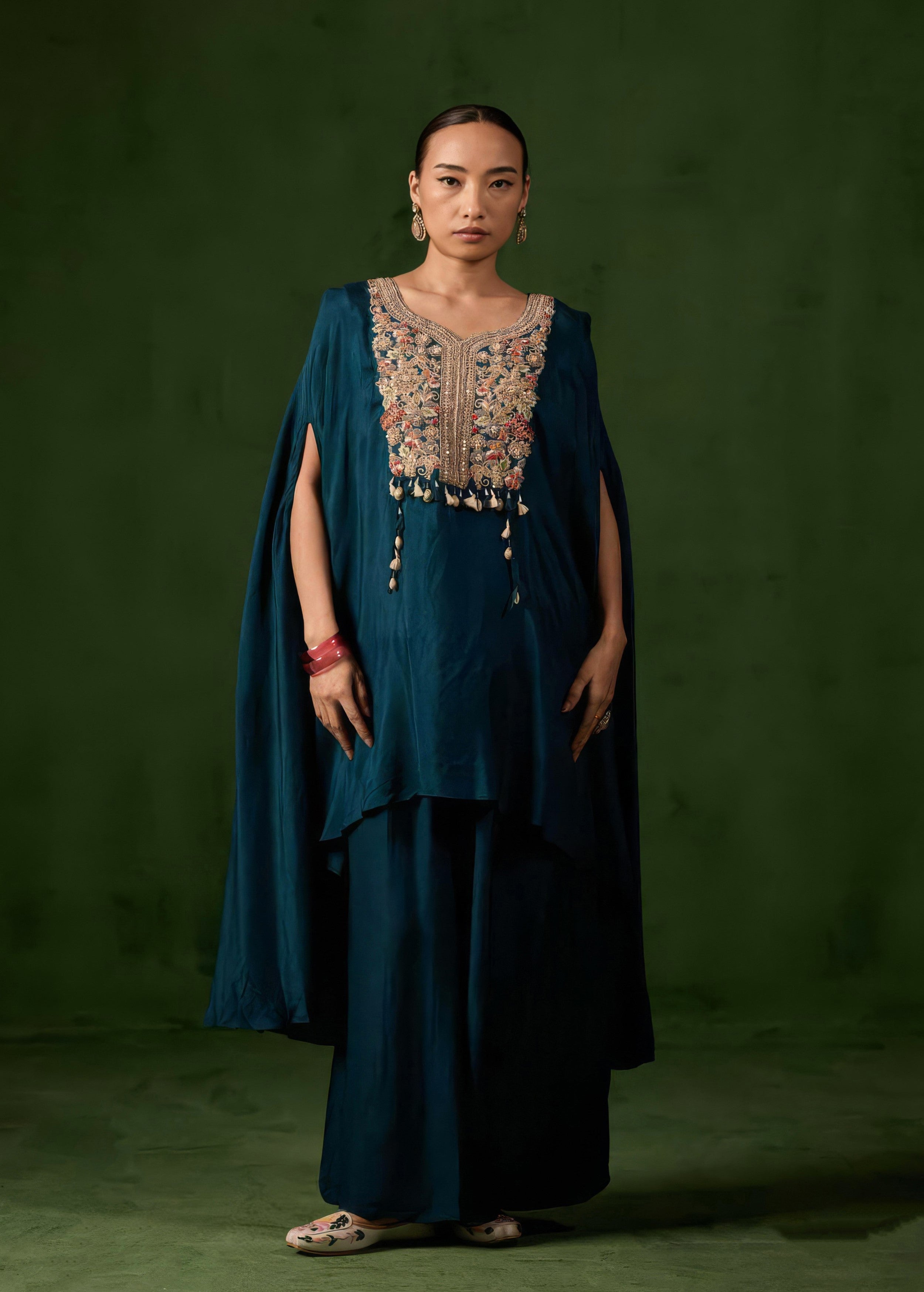 Teal Blue Embellished Raw Silk Palazzo Set