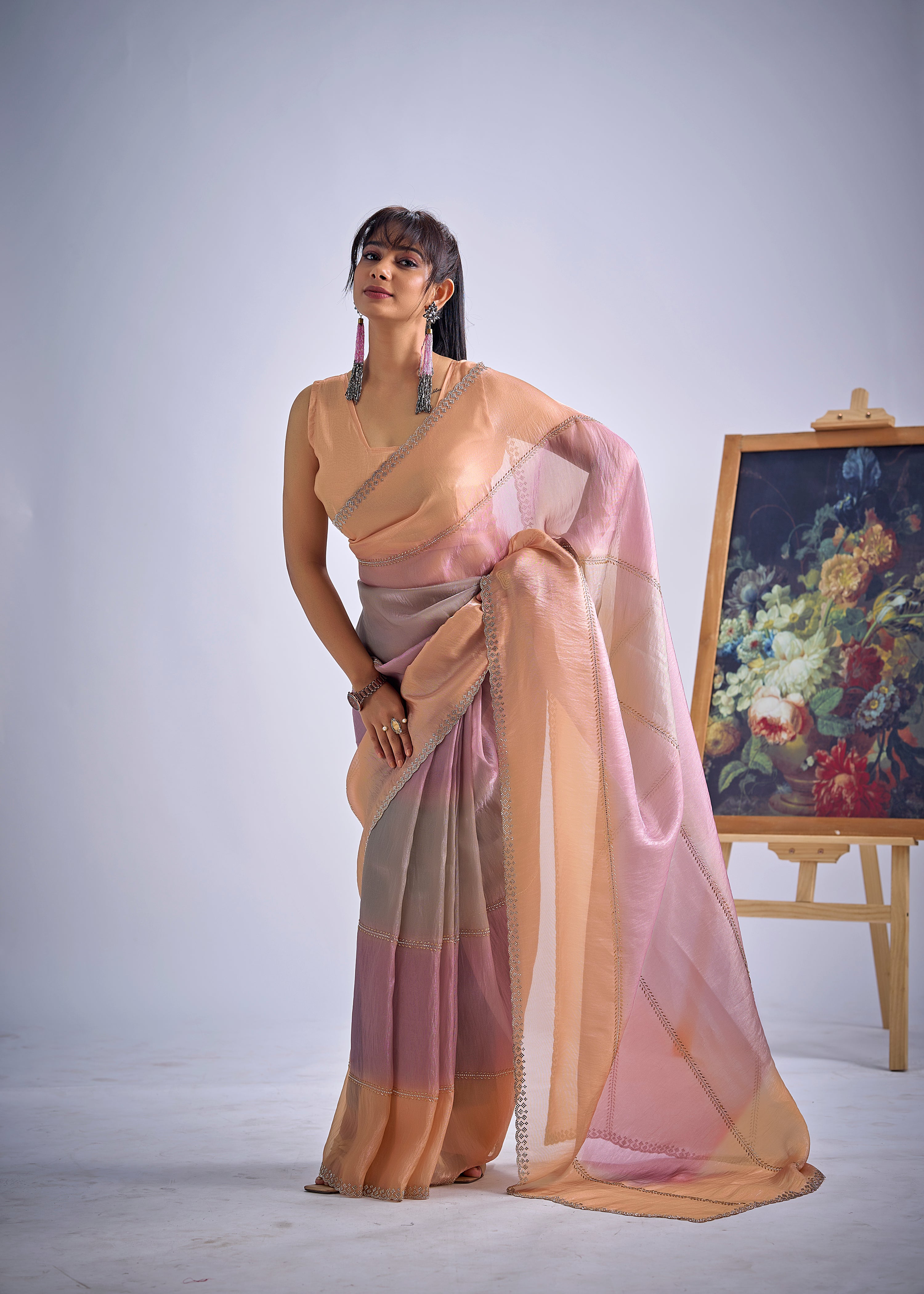 Peachy Mauve Embellished Premium Silk Saree