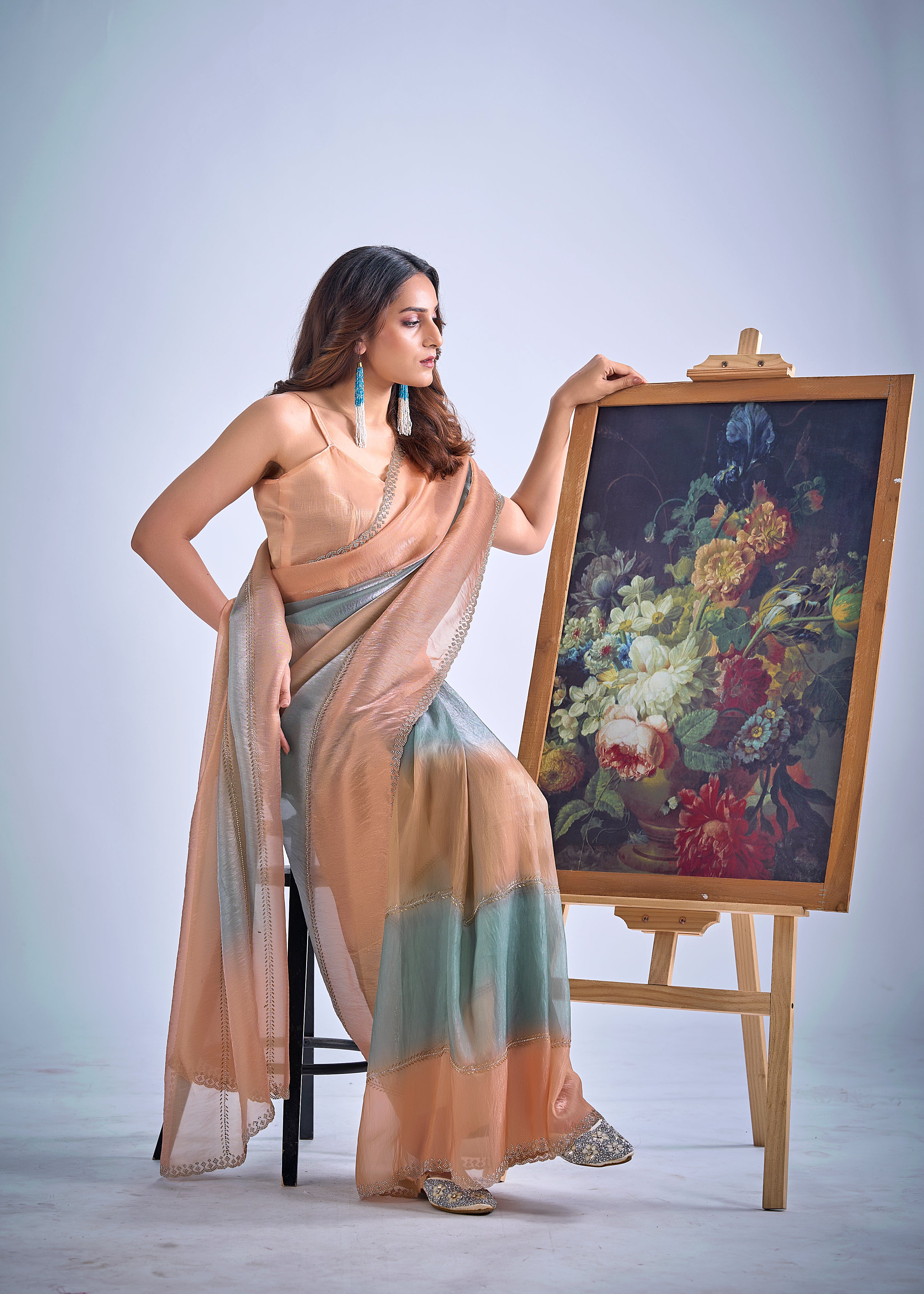 Peachy Blue Embellished Premium Silk Saree