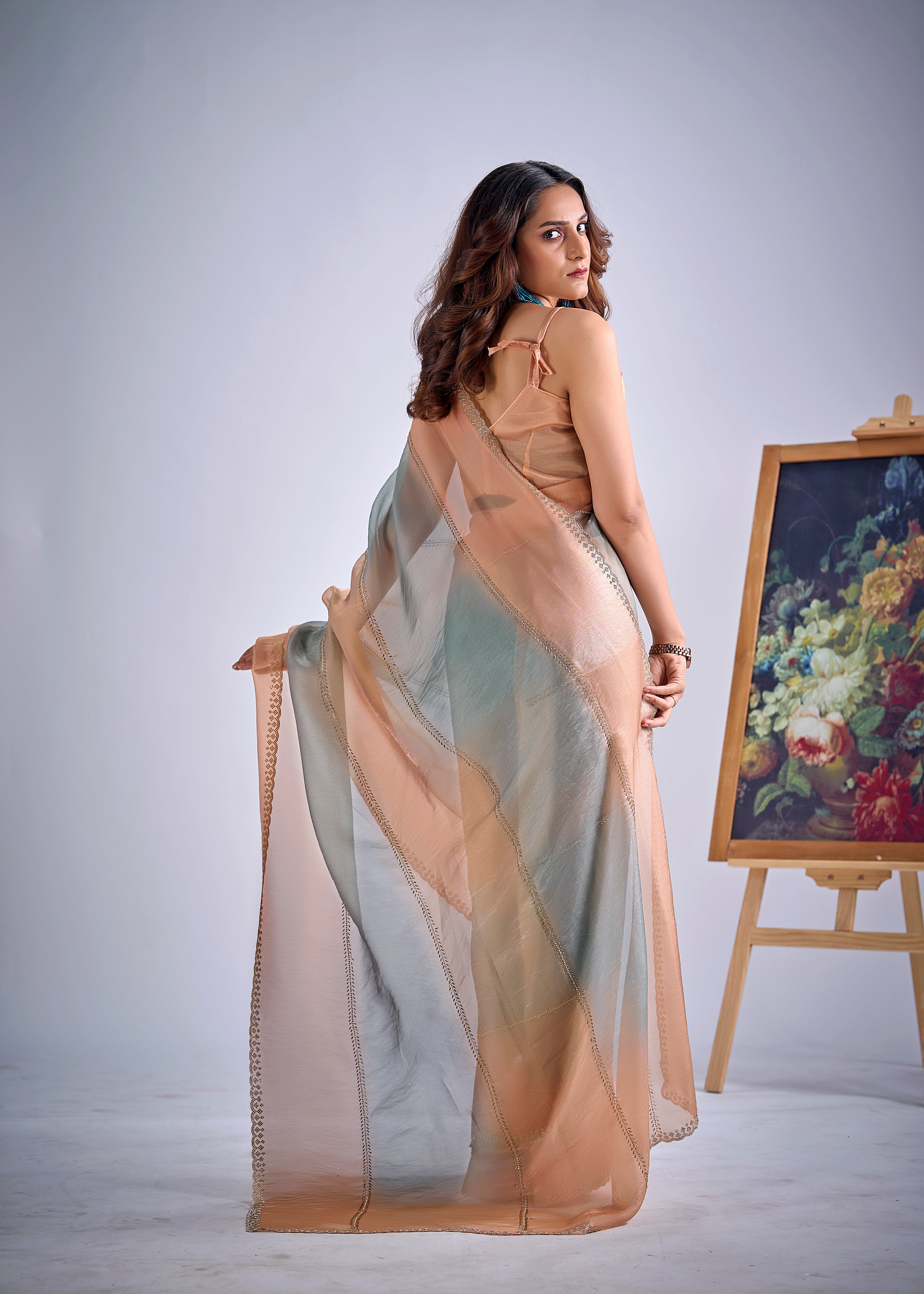 Peachy Blue Embellished Premium Silk Saree