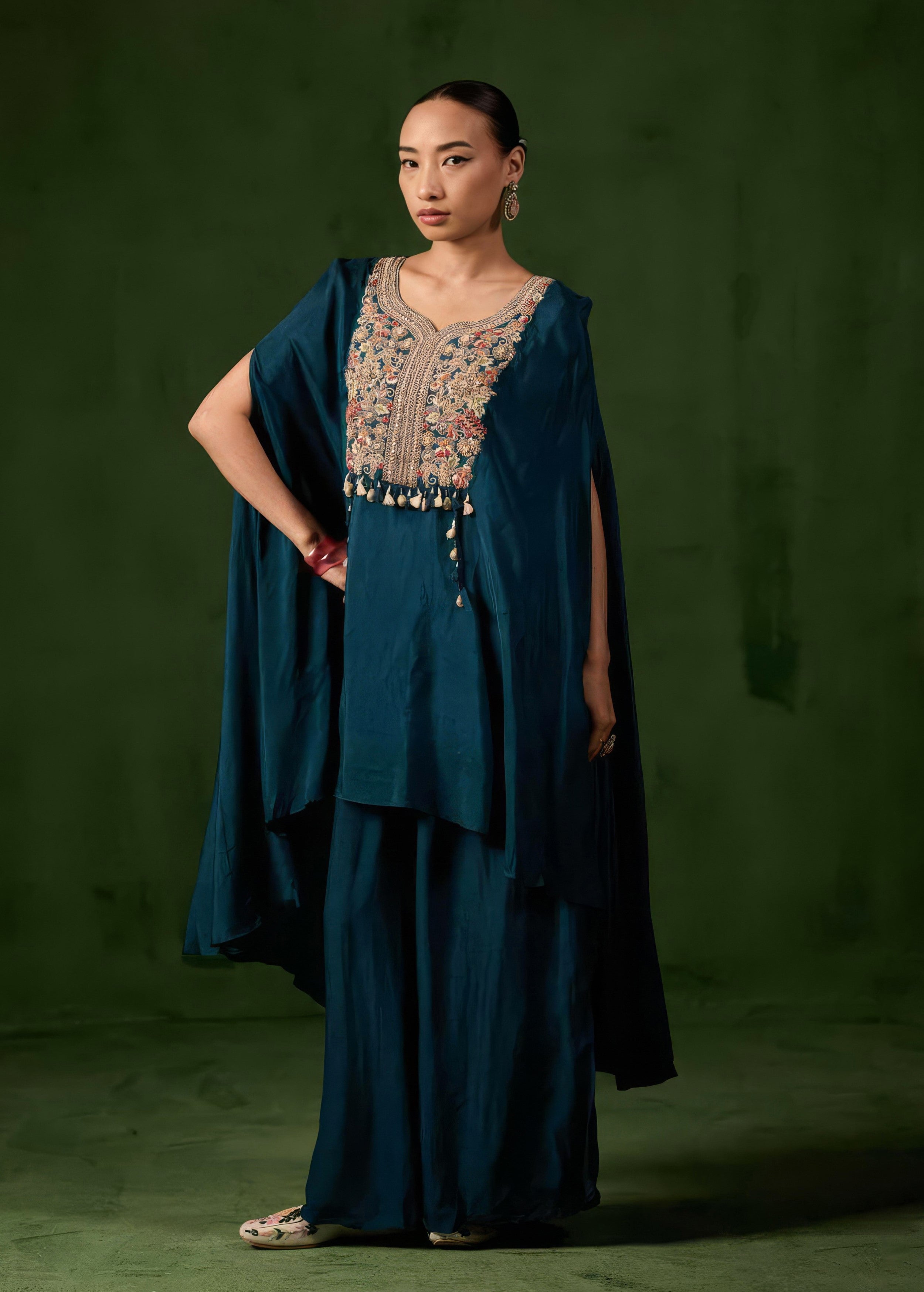 Teal Blue Embellished Raw Silk Palazzo Set