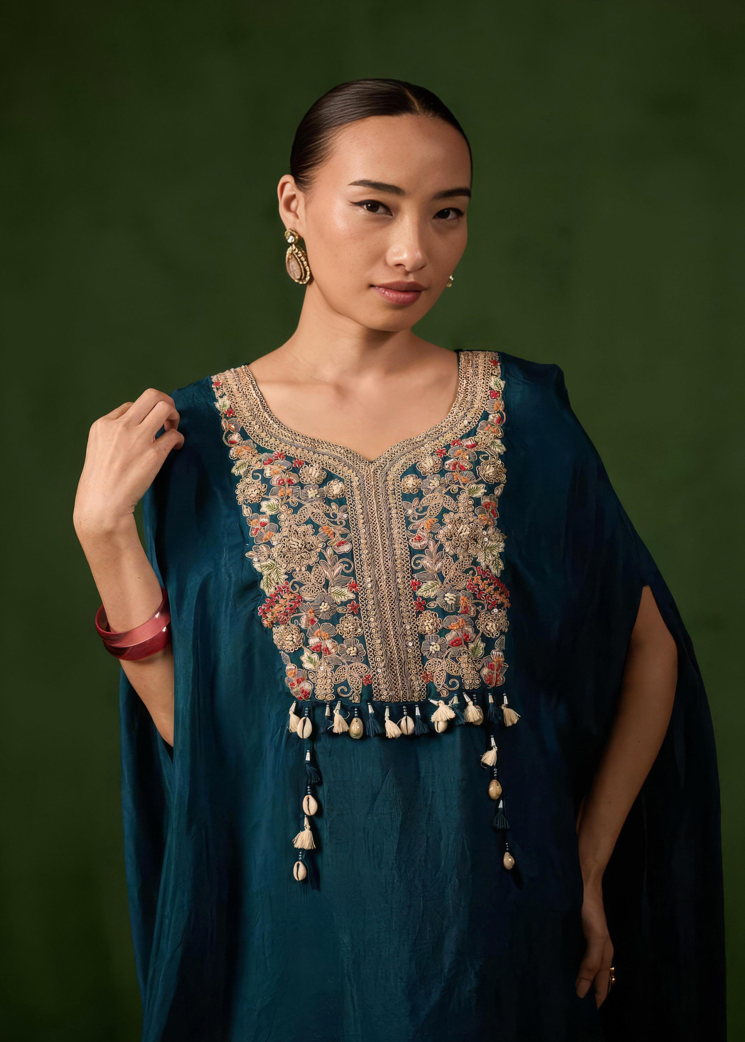 Teal Blue Embellished Raw Silk Palazzo Set
