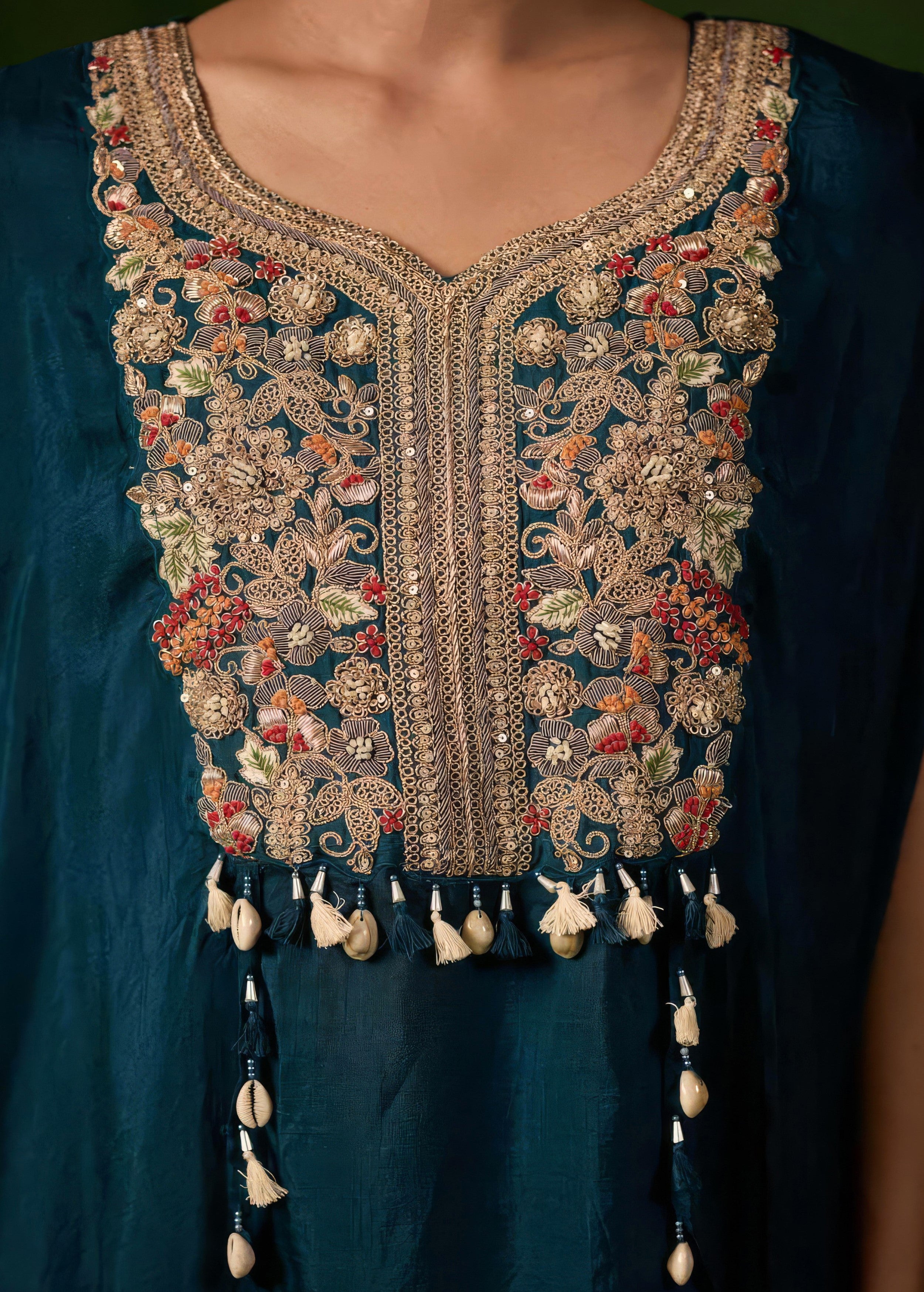 Teal Blue Embellished Raw Silk Palazzo Set