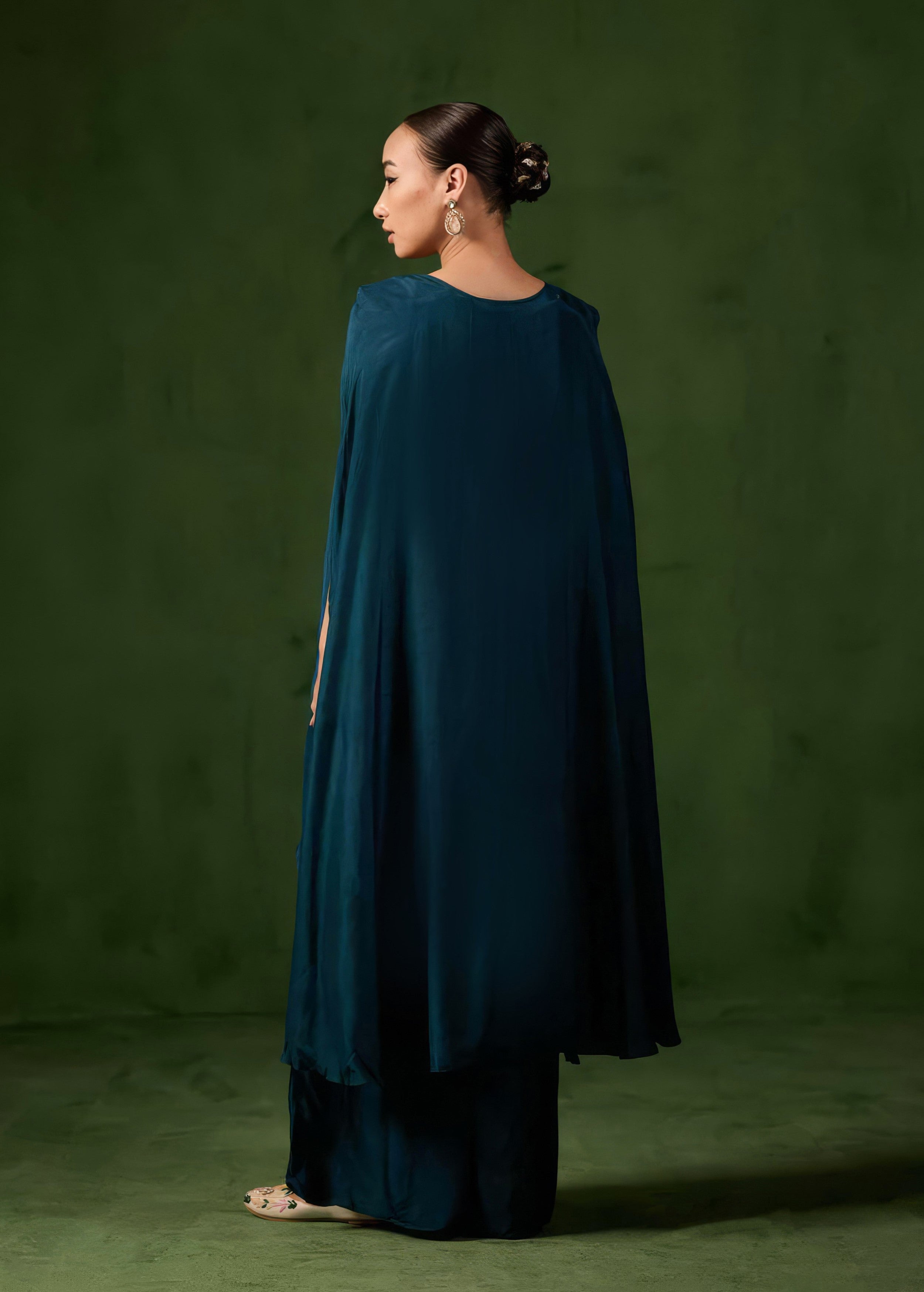 Teal Blue Embellished Raw Silk Palazzo Set