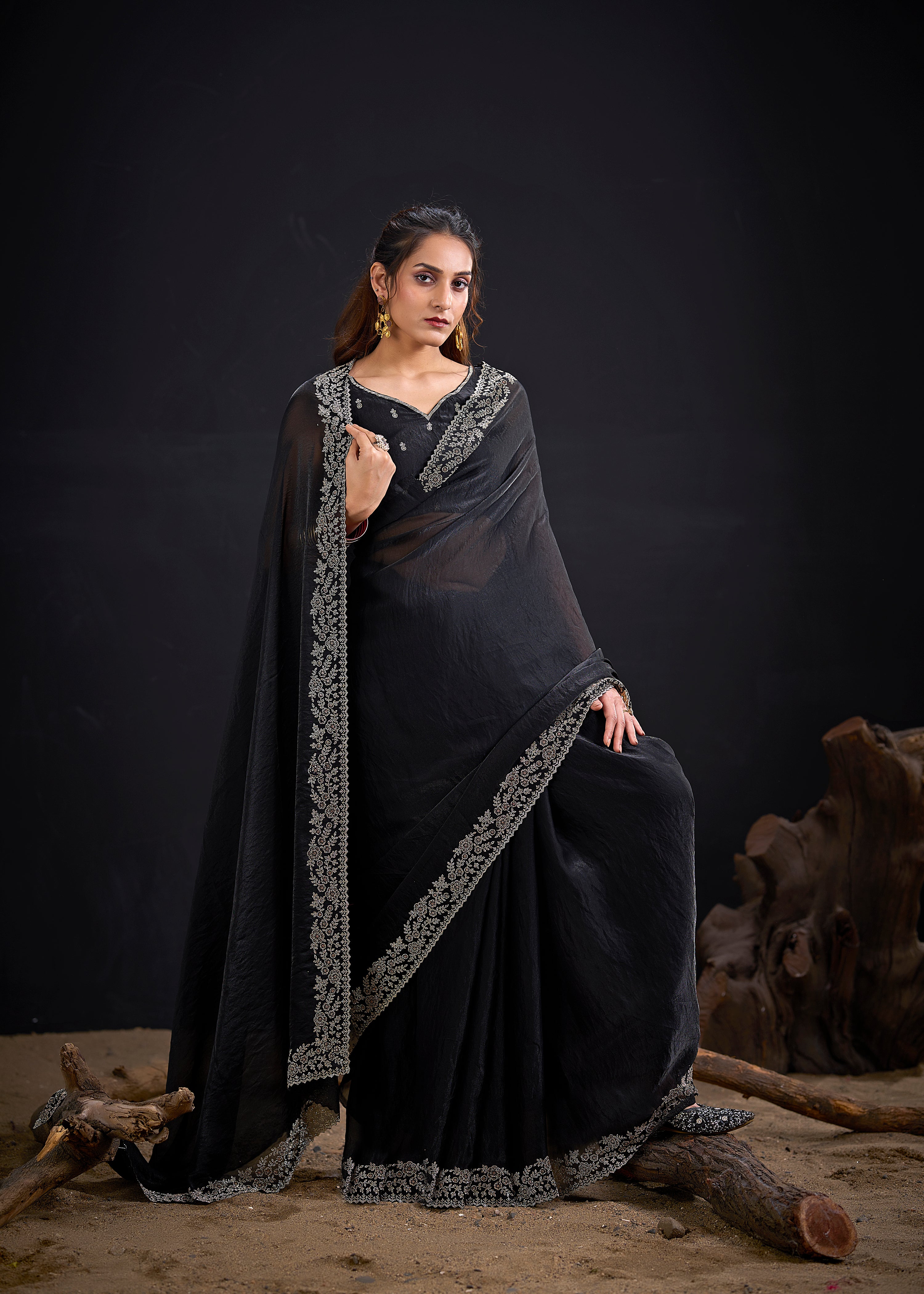 Jet Black Embellished Satin Silk Saree