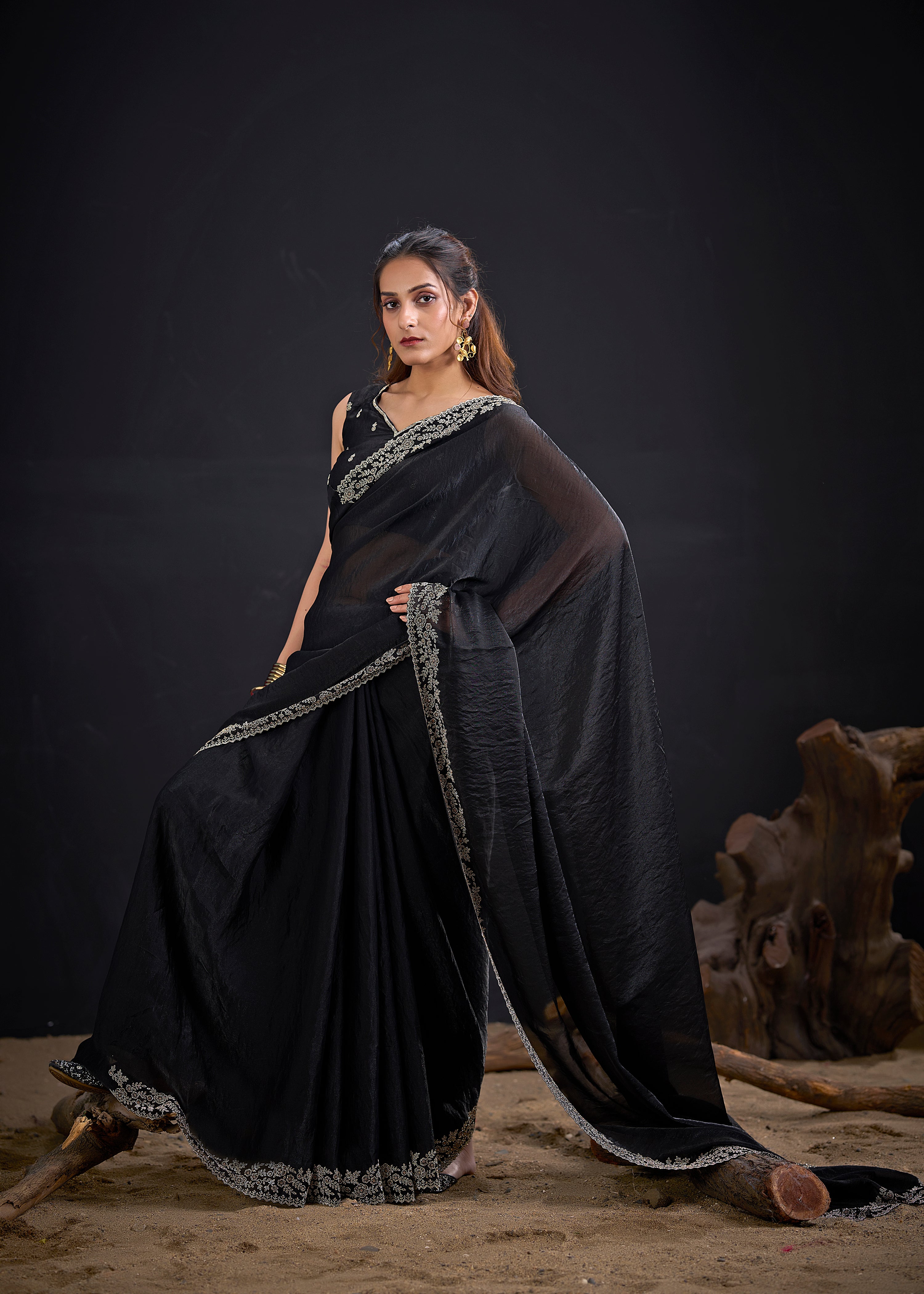 Jet Black Embellished Satin Silk Saree