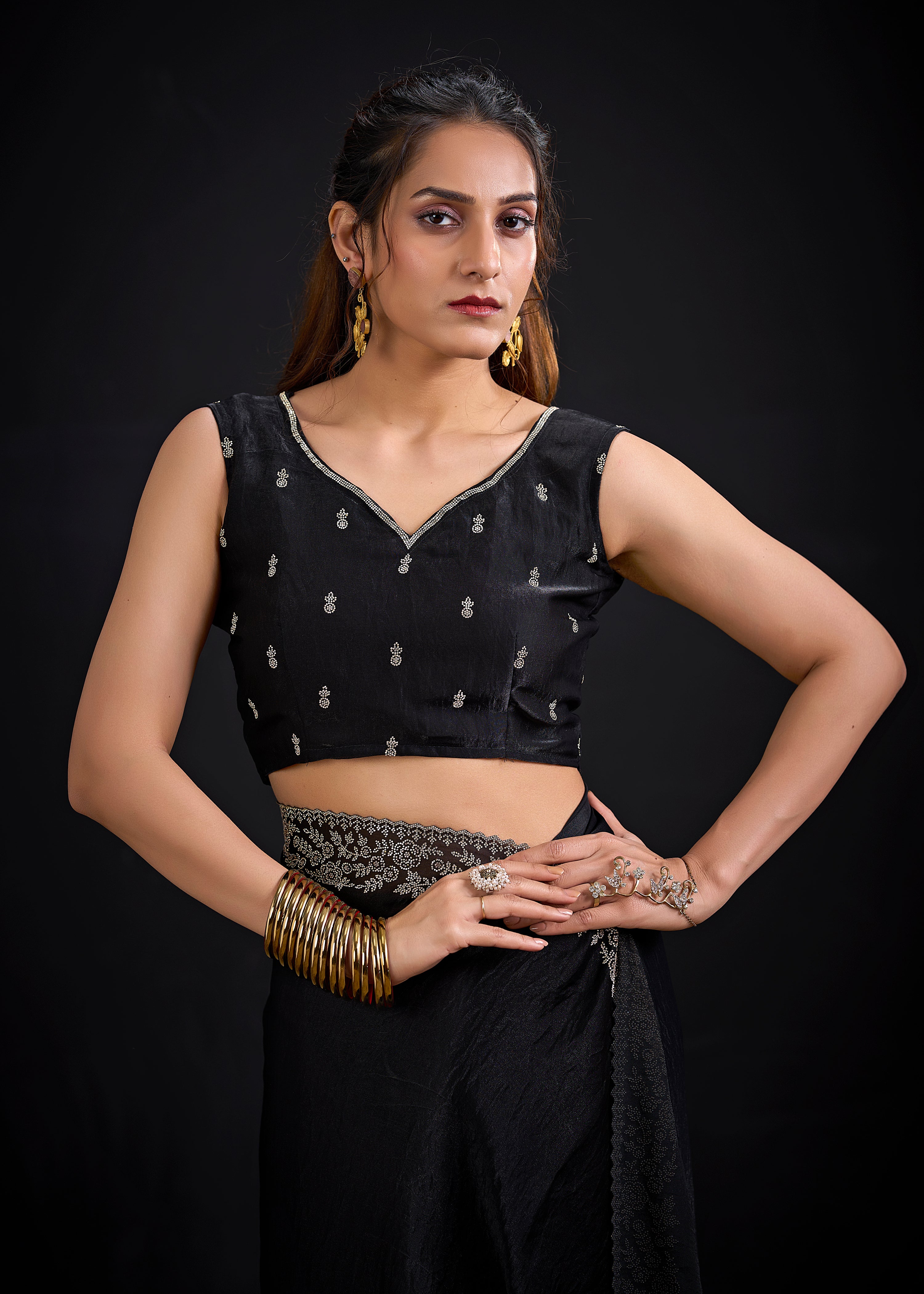 Jet Black Embellished Satin Silk Saree